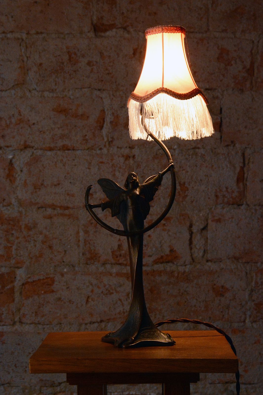 photo for sale Original Art Nouveau Table Lamp, Brass, Textile Lampshade, Austria, 1910s