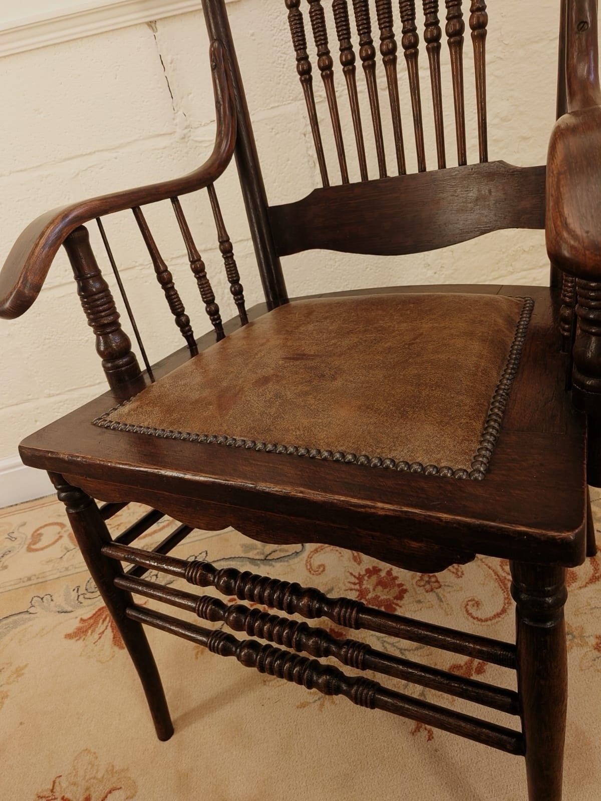 Victorian Carved Oak Vernacular Spindle Back Arm Chair photo furniture
