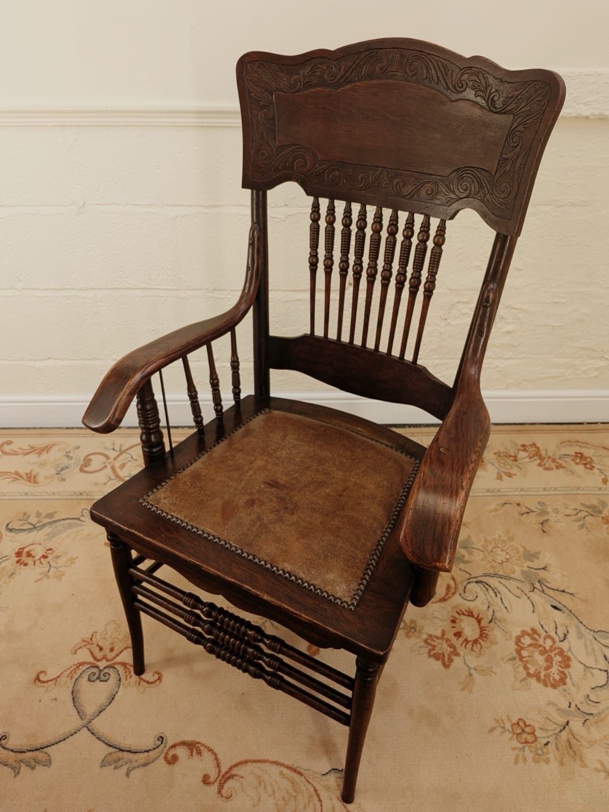 Victorian Carved Oak Vernacular Spindle Back Arm Chair photo Furniture