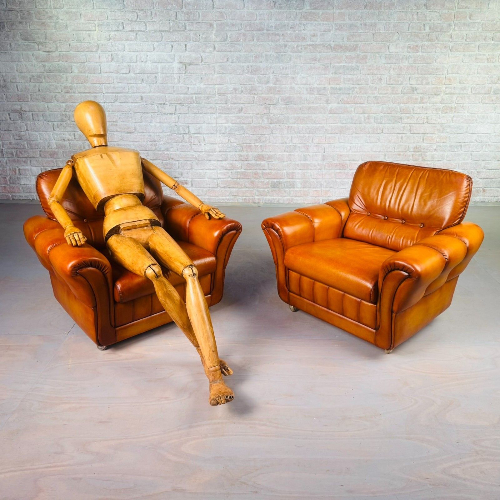 Pair Of Vintage Danish Cognac Leather Armchairs – Hand Dyed Patina #A804 photo furniture