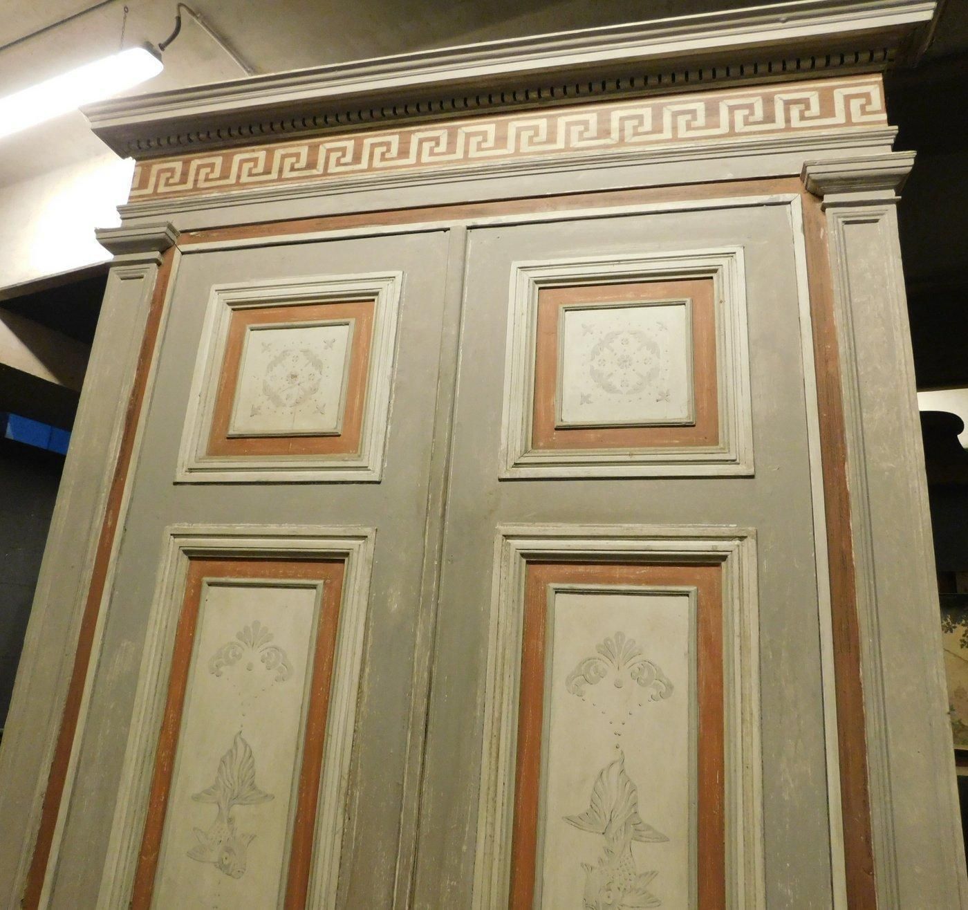 Porta Doppia In Legno Solido, Pannelli Dipinti Con Pesci E Cornici, Italia photo 6110.0