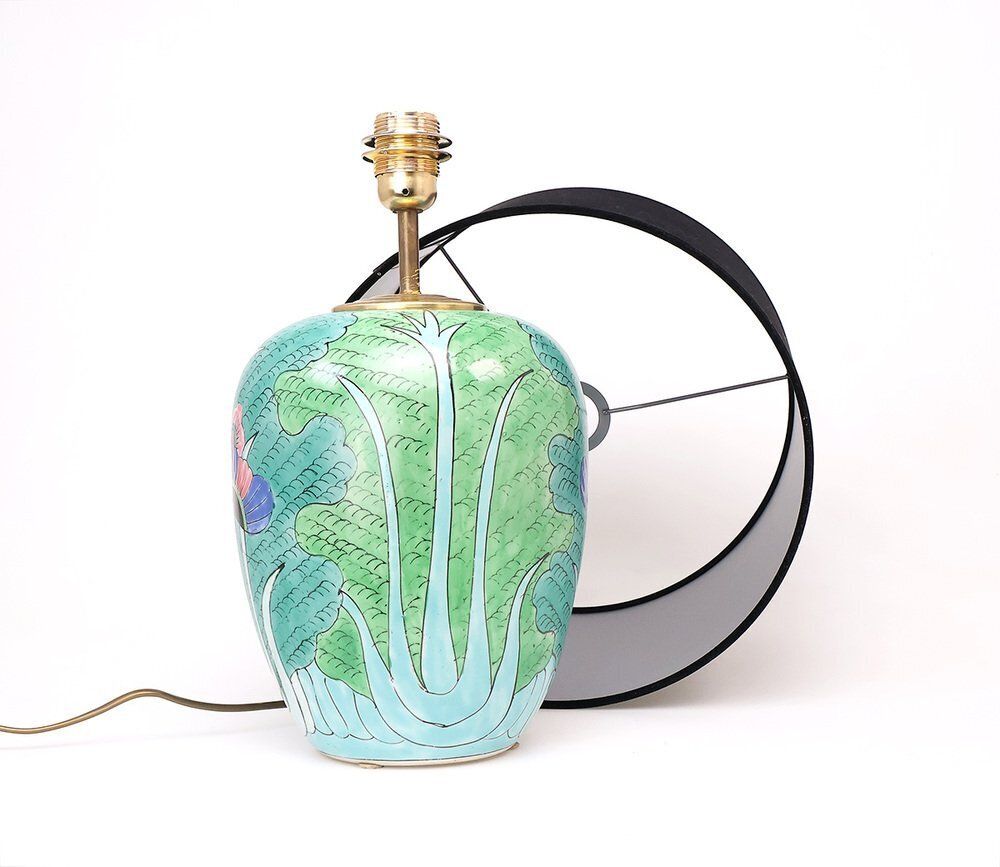 Vintage Chinese Famille Vert Porcelain Table Lamp With Butterfly, 1950s photo vinterior