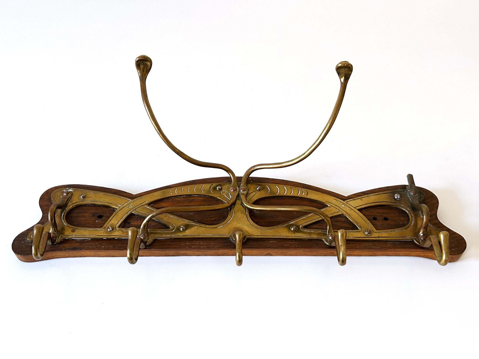 Original Art Nouveau Brass & Wood Coat Rack Or Hanger Germany 1900s photo Furniture