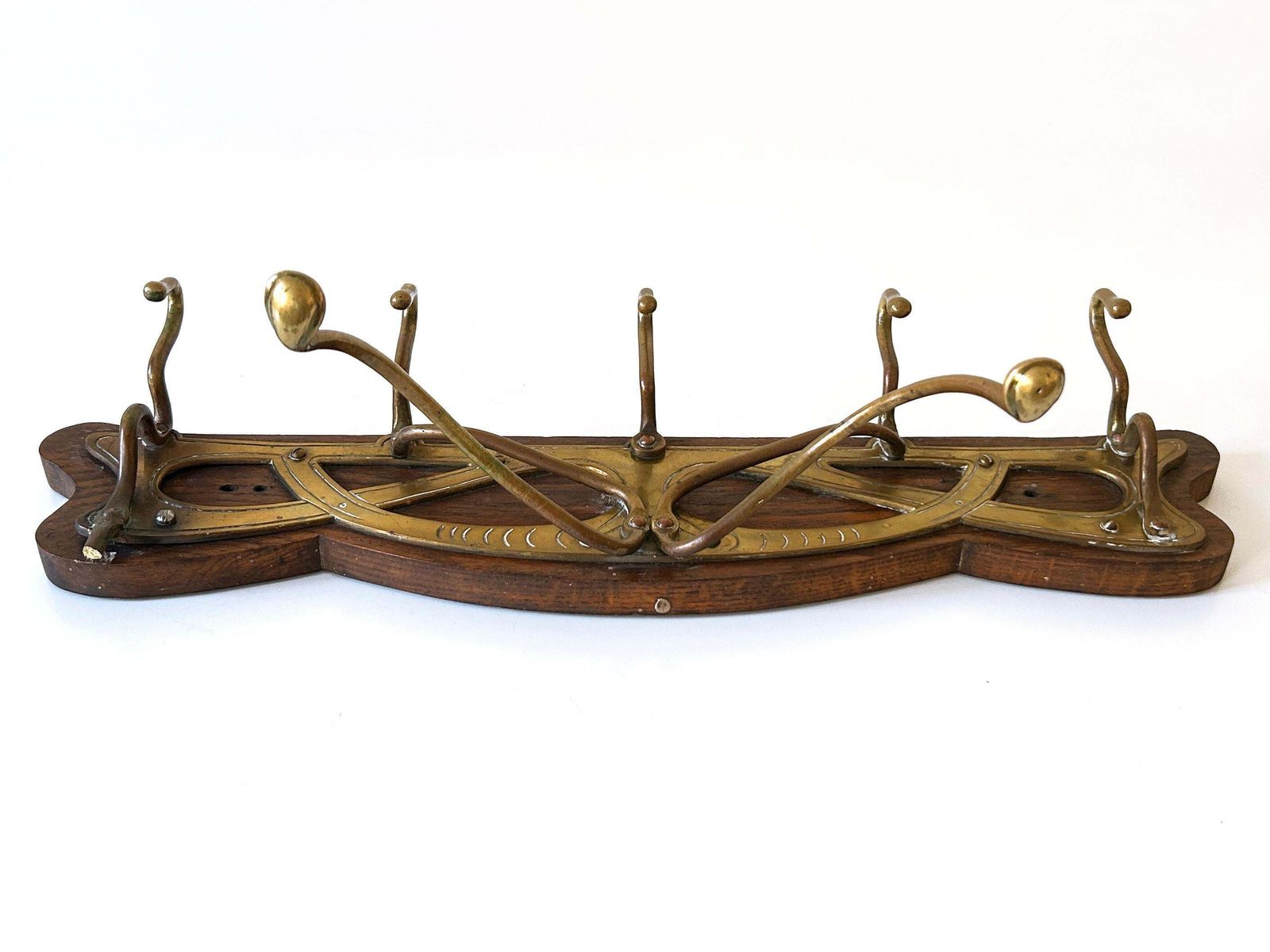 Original Art Nouveau Brass & Wood Coat Rack Or Hanger Germany 1900s photo vintage