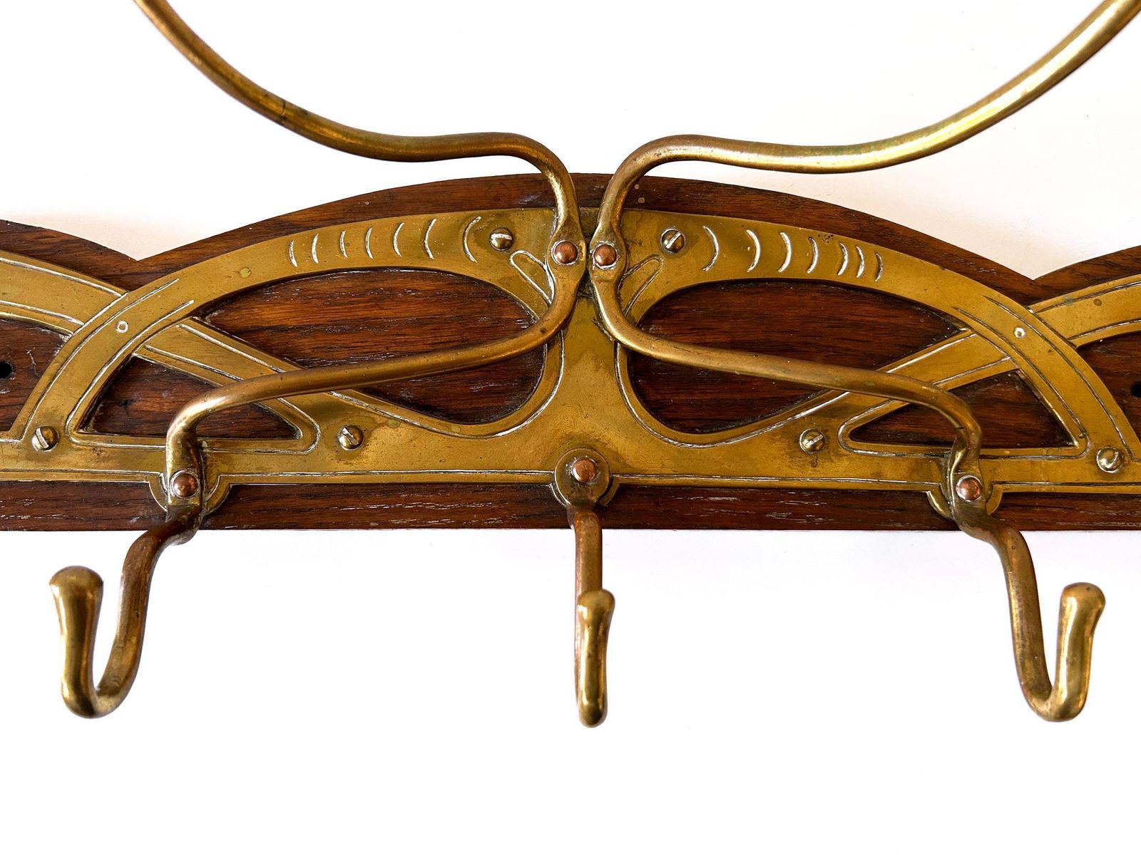 photo for sale Original Art Nouveau Brass & Wood Coat Rack Or Hanger Germany 1900s