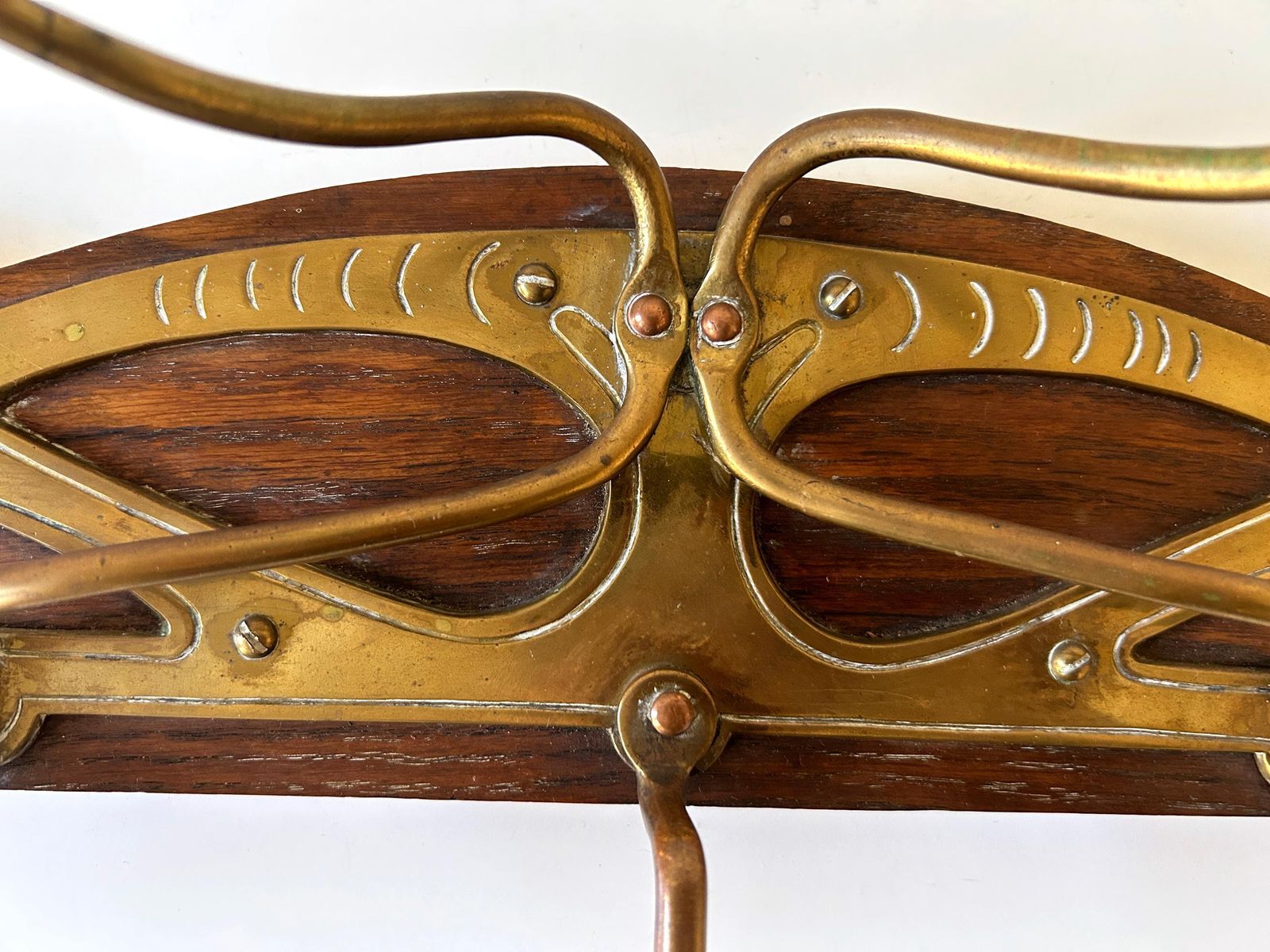 Furniture Original Art Nouveau Brass & Wood Coat Rack Or Hanger Germany 1900s photo