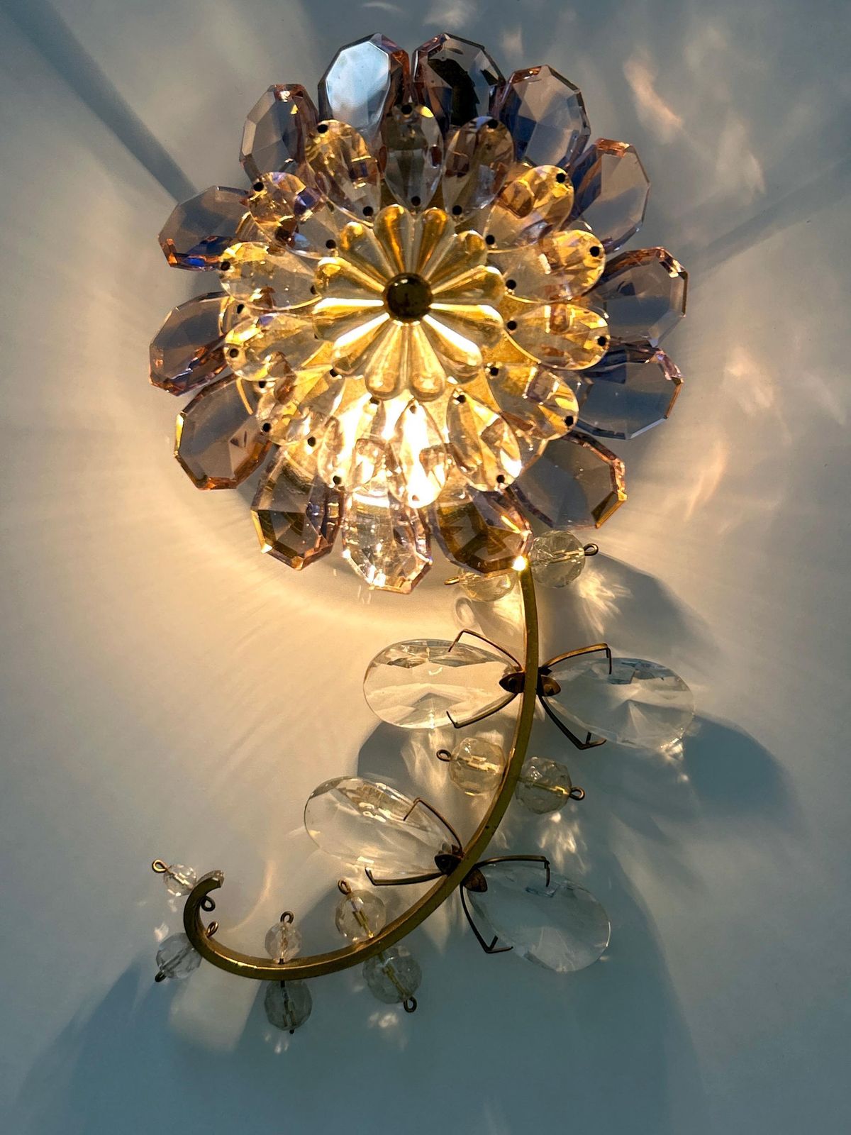 1771.0 Amazing Palwa Iridescent Crystal Glass & Brass Flower Sconce Or Wall Lamp 1960s photo