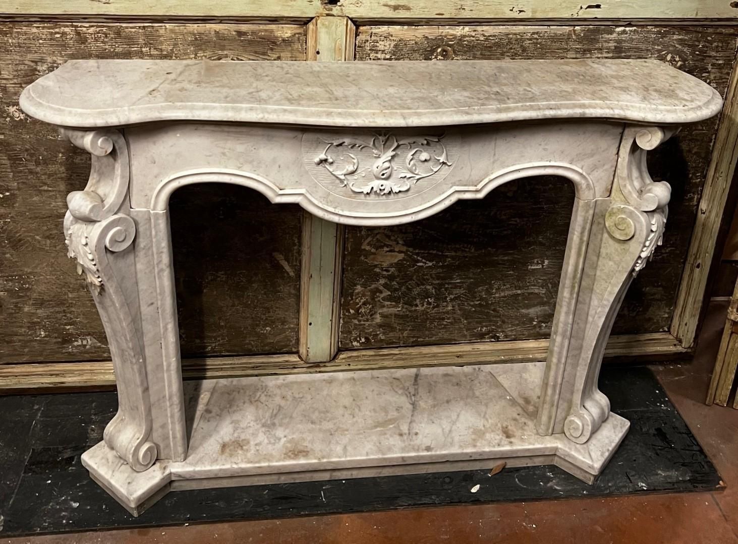 White Carrara Marble Fireplace, Richly Carved And Complete With Base, Italy photo for sale