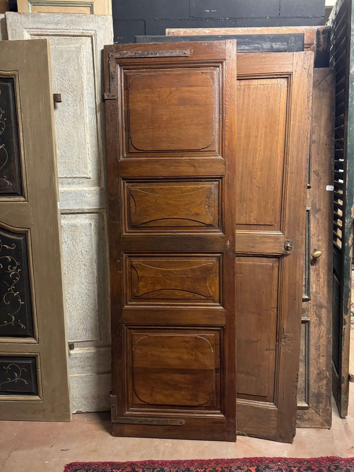 Chestnut Door With Carved Panels, Double Sided And With Original Irons, Italy photo 1594.0