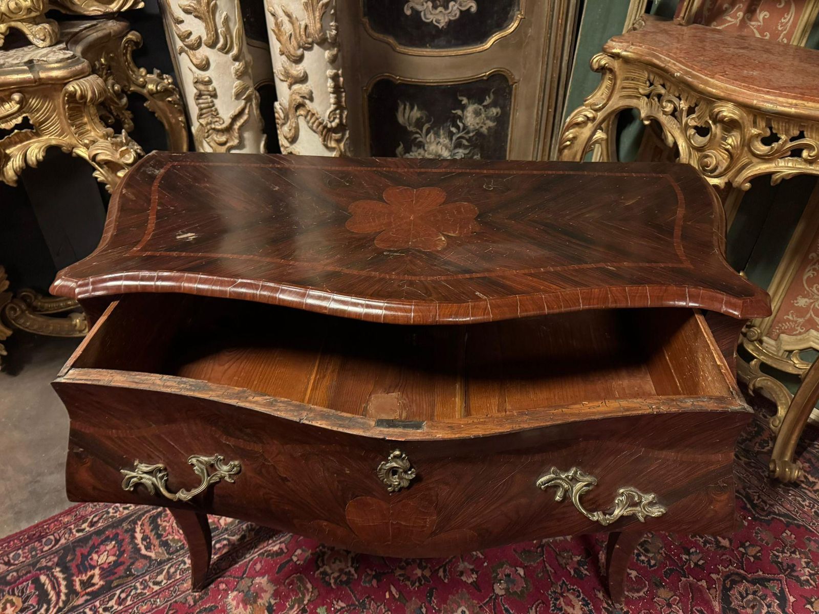 Rounded Chest Of Drawers In Briar Walnut Wood, Panelled And Inlaid, Italy photo buy