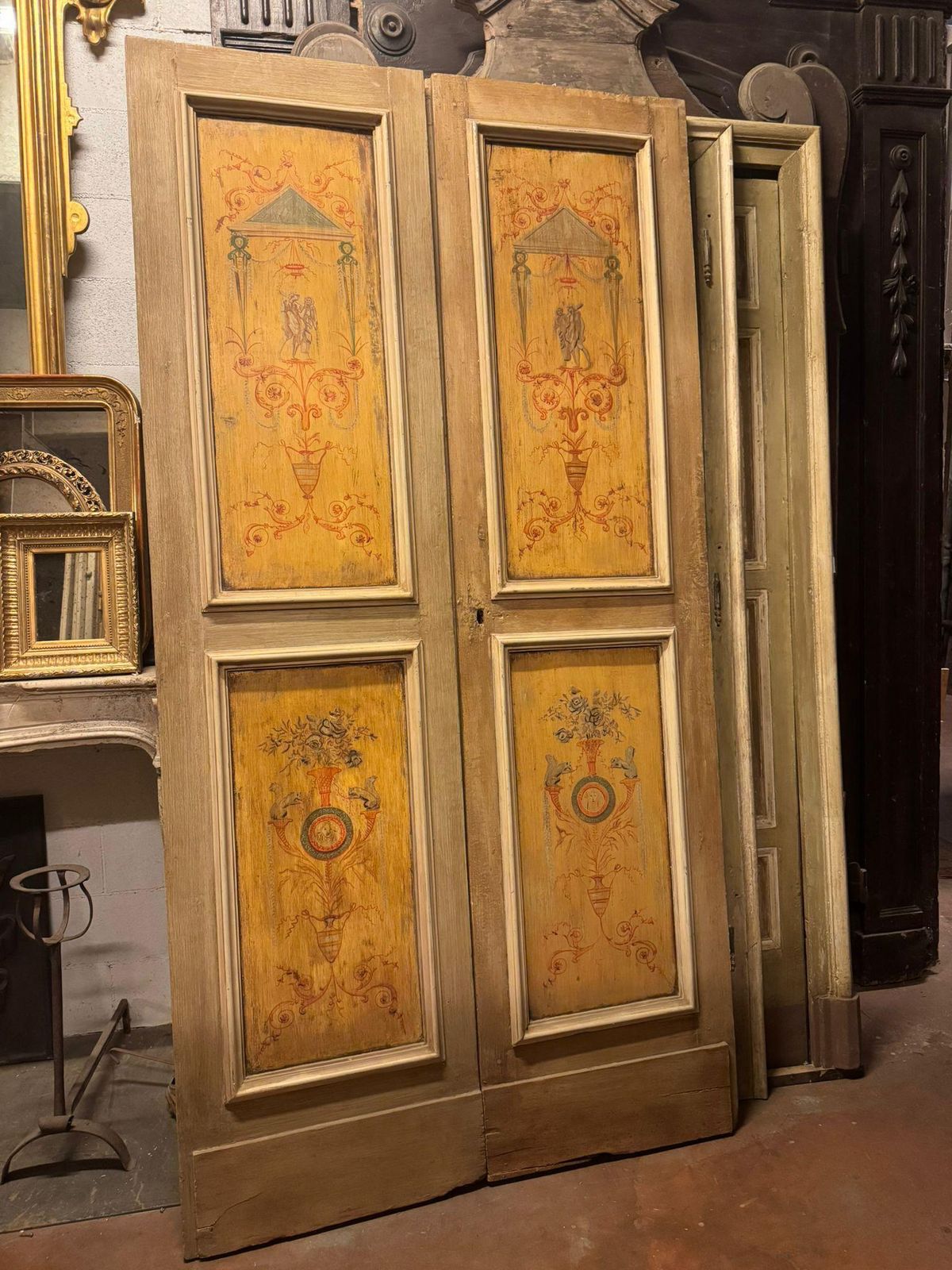 photo for sale Lacquered Wooden Double Door, Yellow Painted Panels, Italy