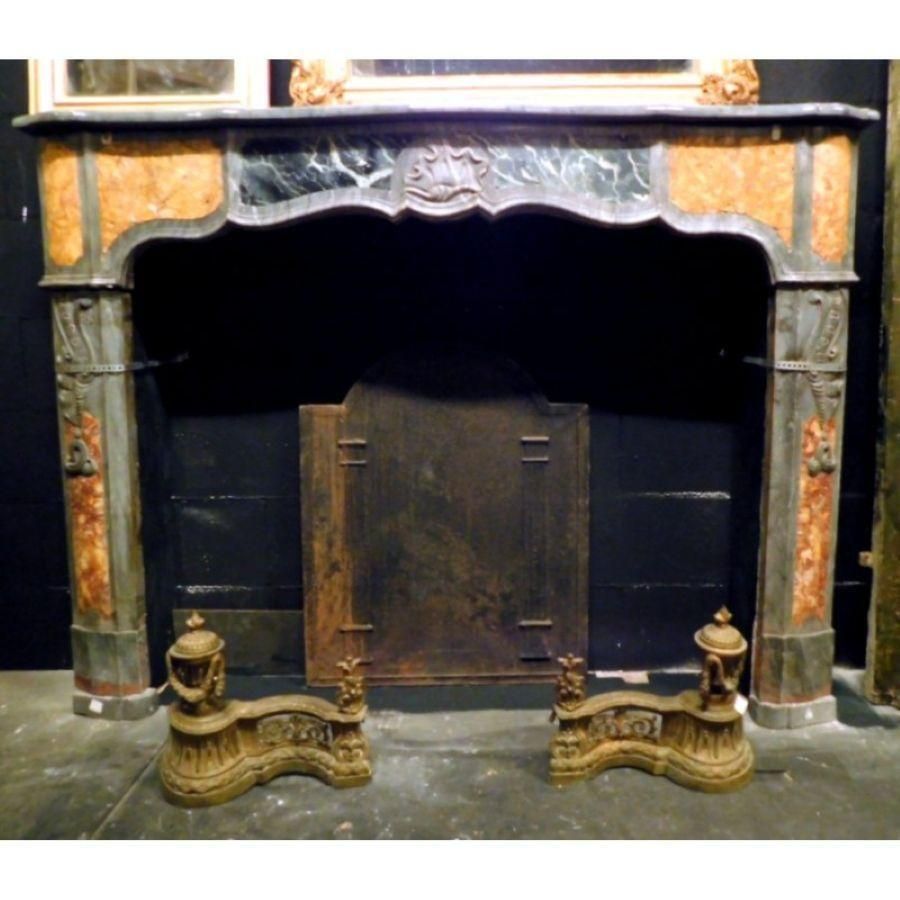 Fireplace Mantel In Inlaid Gray, Black And Yellow Marble, Carved Shell, Italy photo furniture