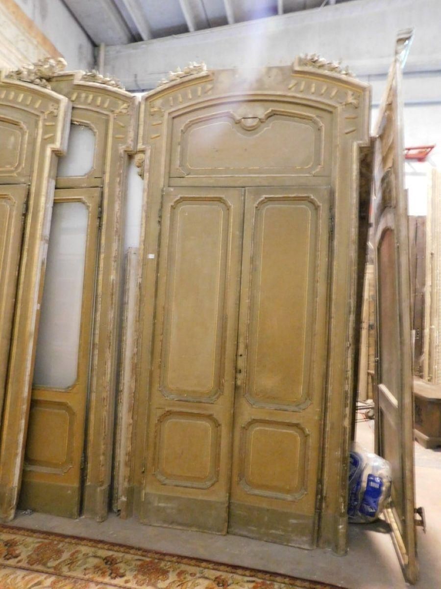 Set N.4 Doors Wood Lacquered Gold Green With Glass And Big Frame, Milan Italy photo vintage
