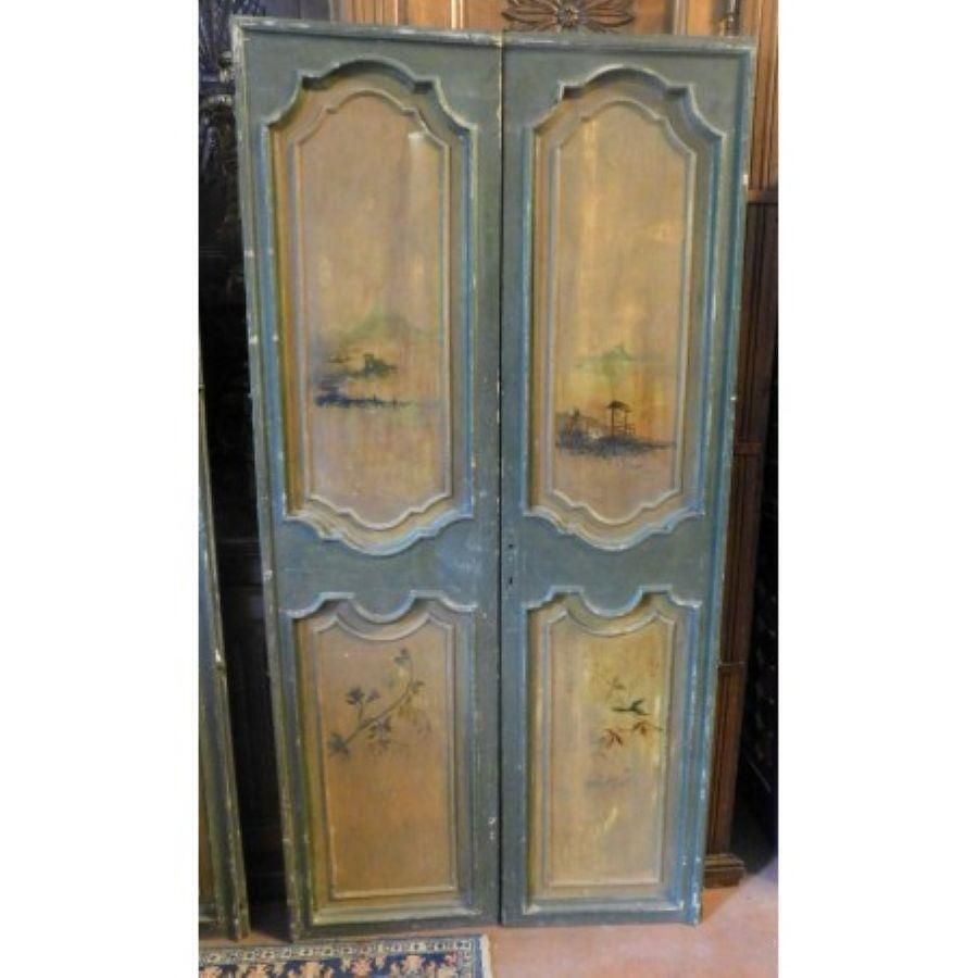 Set Of 2 Double Green And Yellow Lacquered Doors Painted Landscapes, Italy photo 7807.0