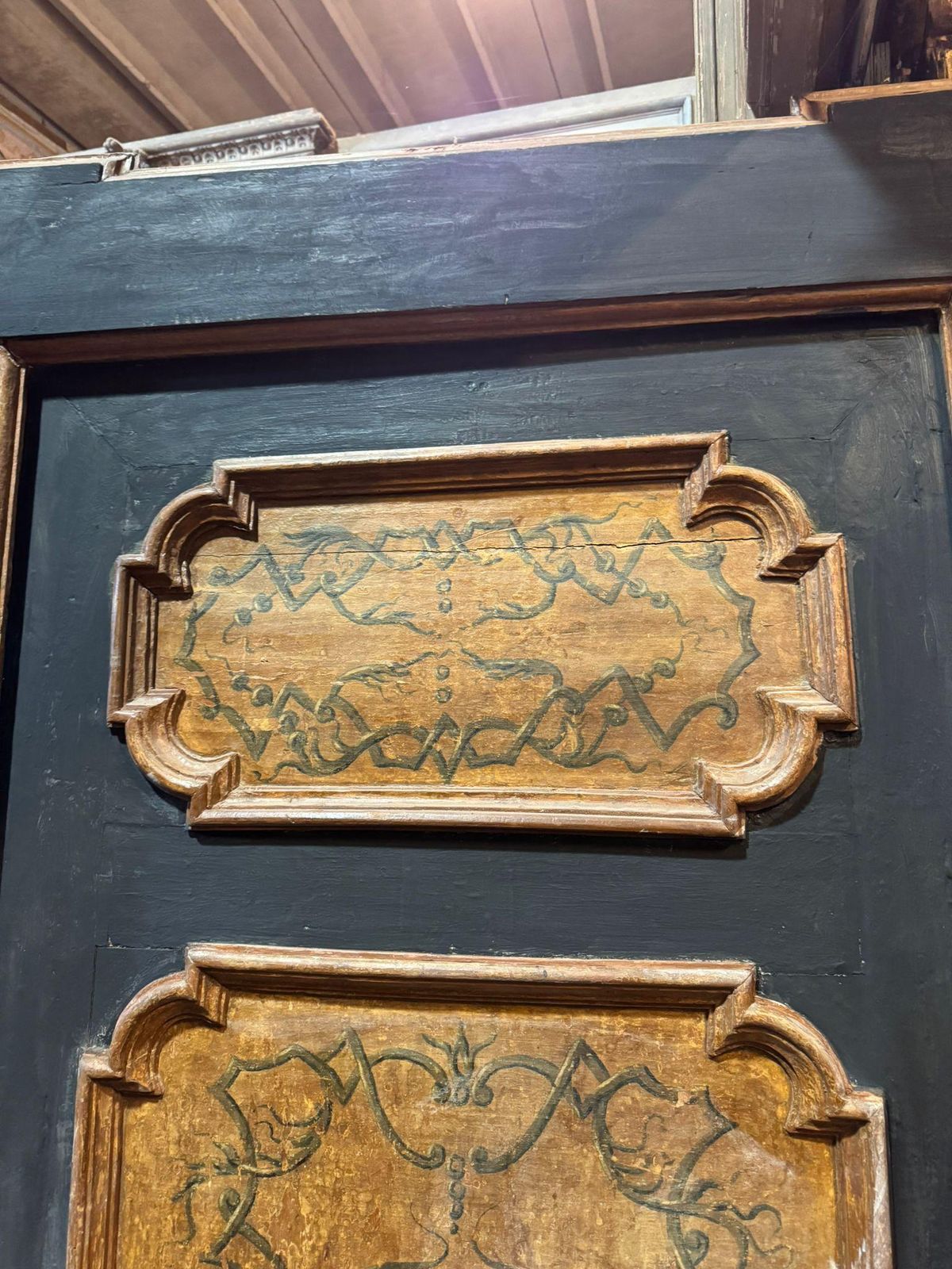 Lacquered Wood Door, Painted Panels With Molure Molding And Frame, Italy photo vintage