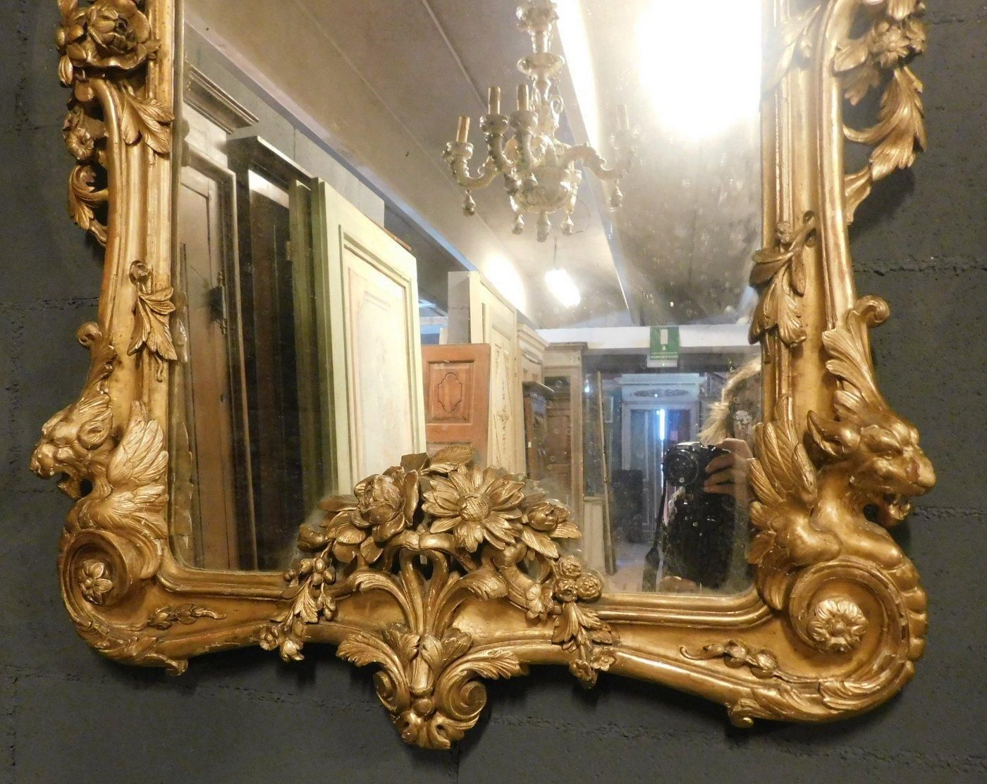 Richly Carved Golden Wood Mirror, Italy photo for sale