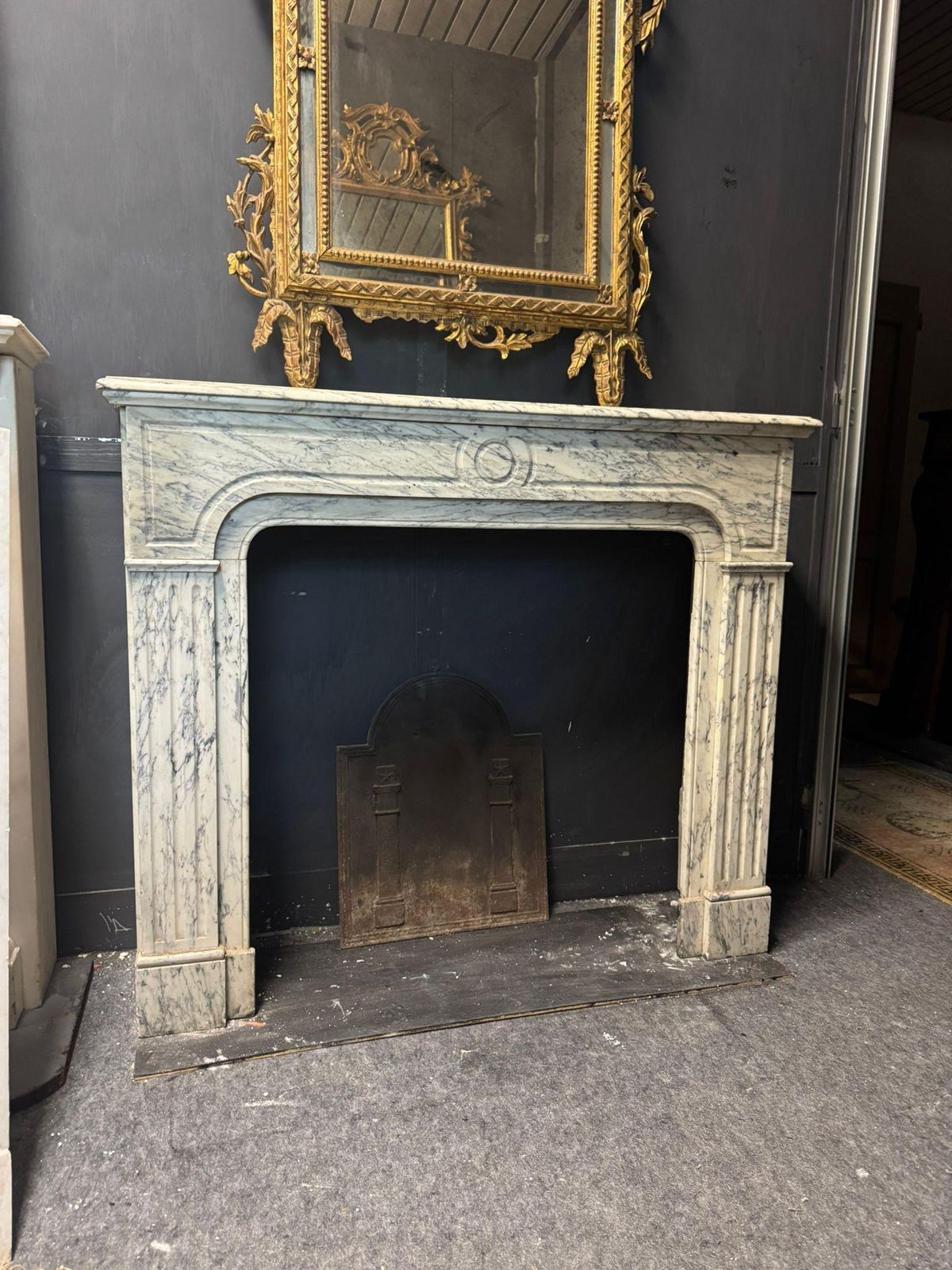 White Veined Marble Mantle Fireplace, Carved Pompadour, Italy photo furniture