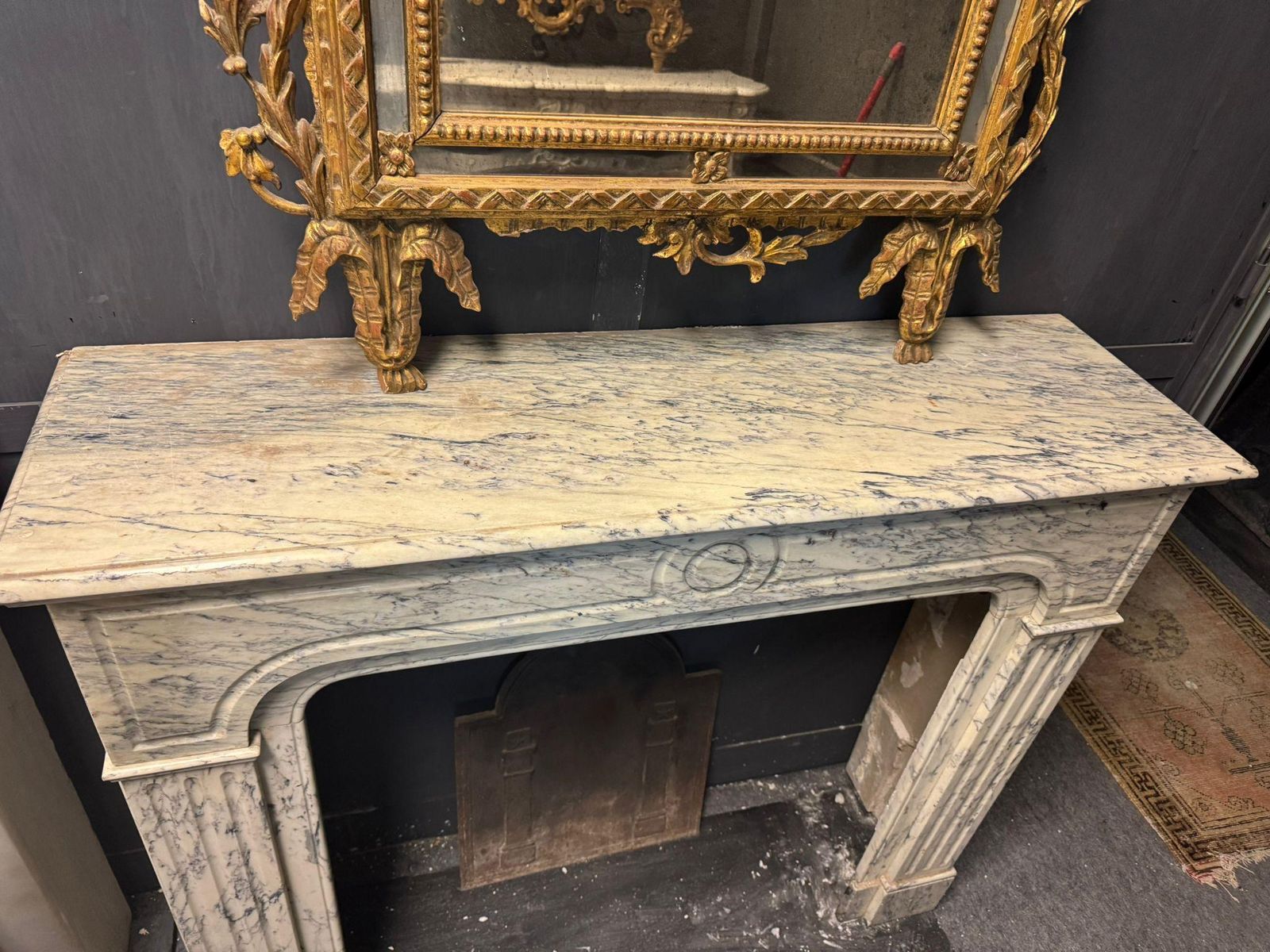 White Veined Marble Mantle Fireplace, Carved Pompadour, Italy photo vintage