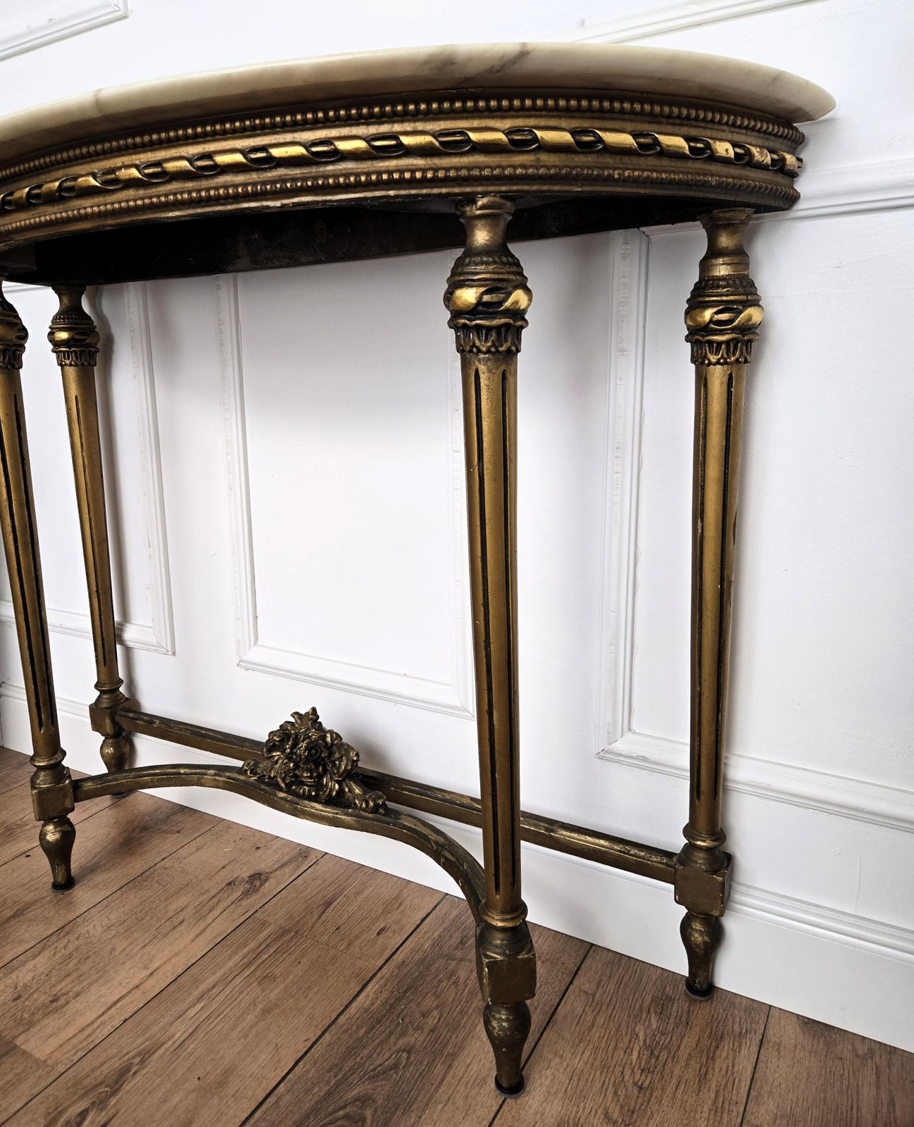 1950s Midcentury Italian Gitl Wood Demi Lune Wall Console Table With Marble Top photo vintage