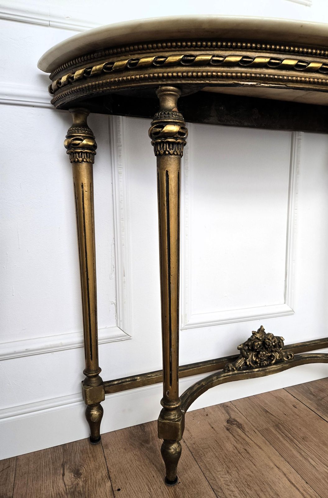 photo furniture 1950s Midcentury Italian Gitl Wood Demi Lune Wall Console Table With Marble Top