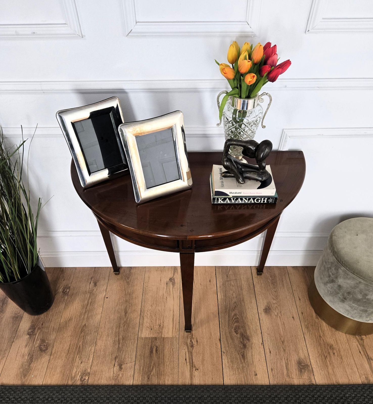 Mid Century Italian Wood Demi Lune Wall Console Side Table With Hidden Drawers photo 1475.0