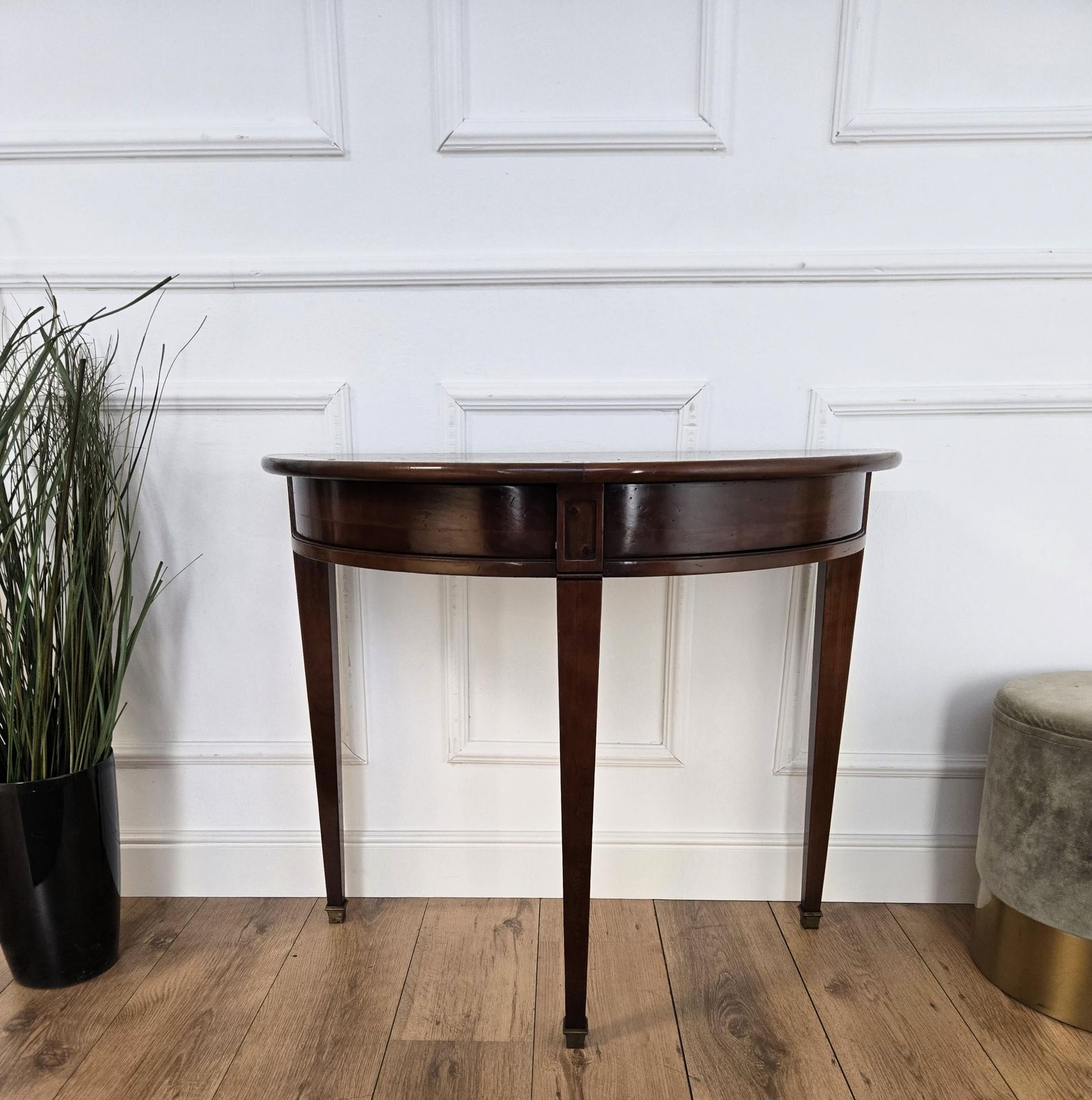 Mid Century Italian Wood Demi Lune Wall Console Side Table With Hidden Drawers photo vintage