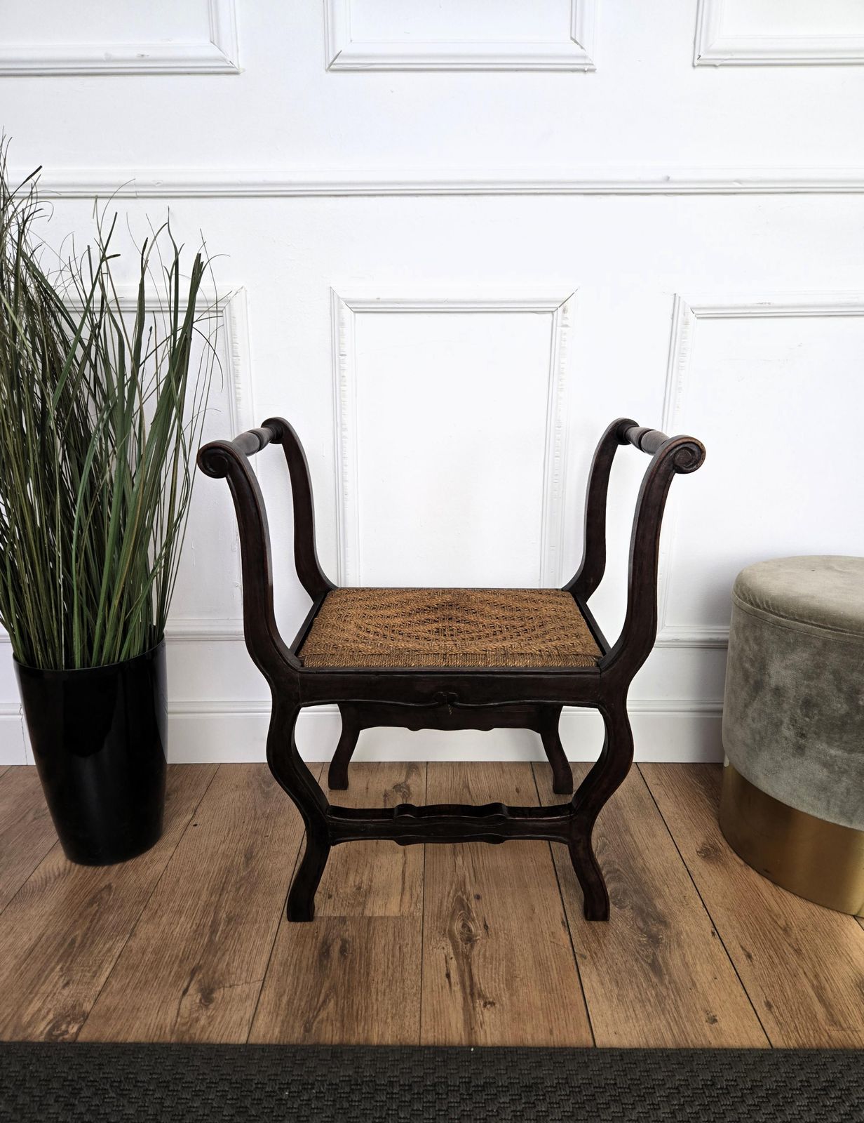 1960s Italian Midcentury Carved Wood And Cord Woven Rope Stool photo Furniture