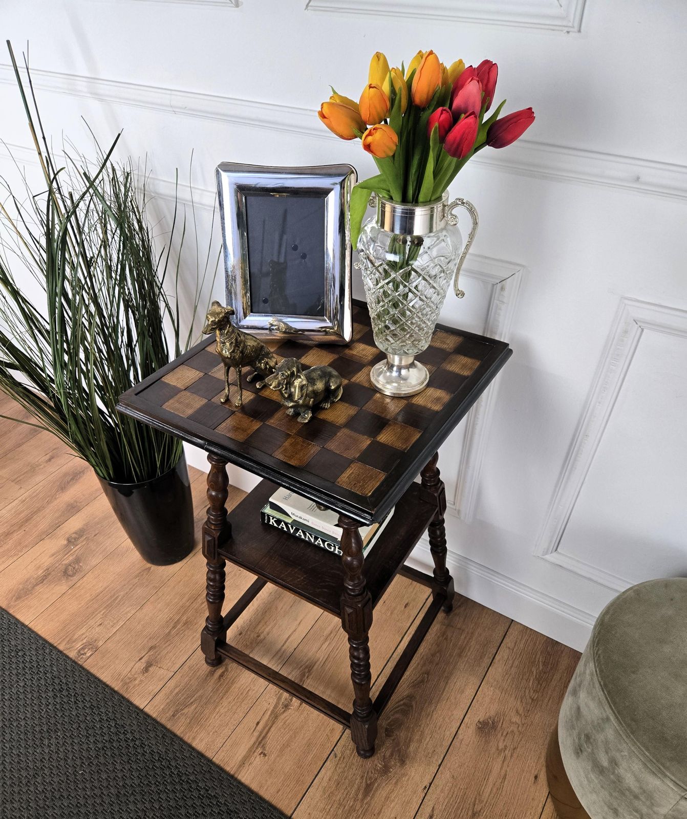 French Carved Oak Chess Game Top Carved Legs Etagere Side Table photo Furniture