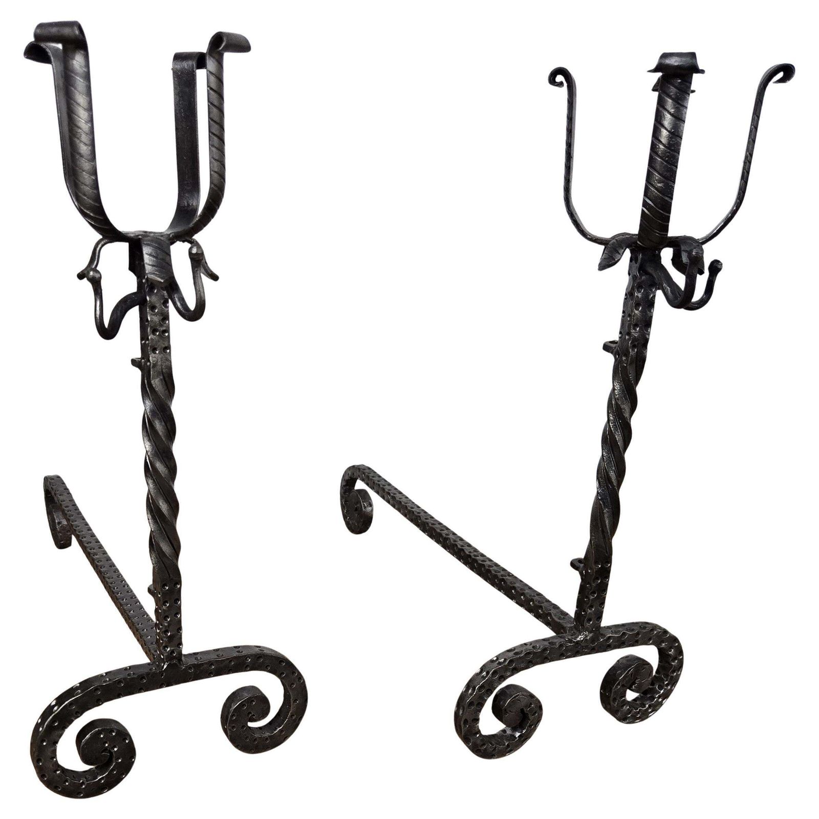 Pair Of Antique Italian Wrought Iron Andirons Fireplace Log Holder