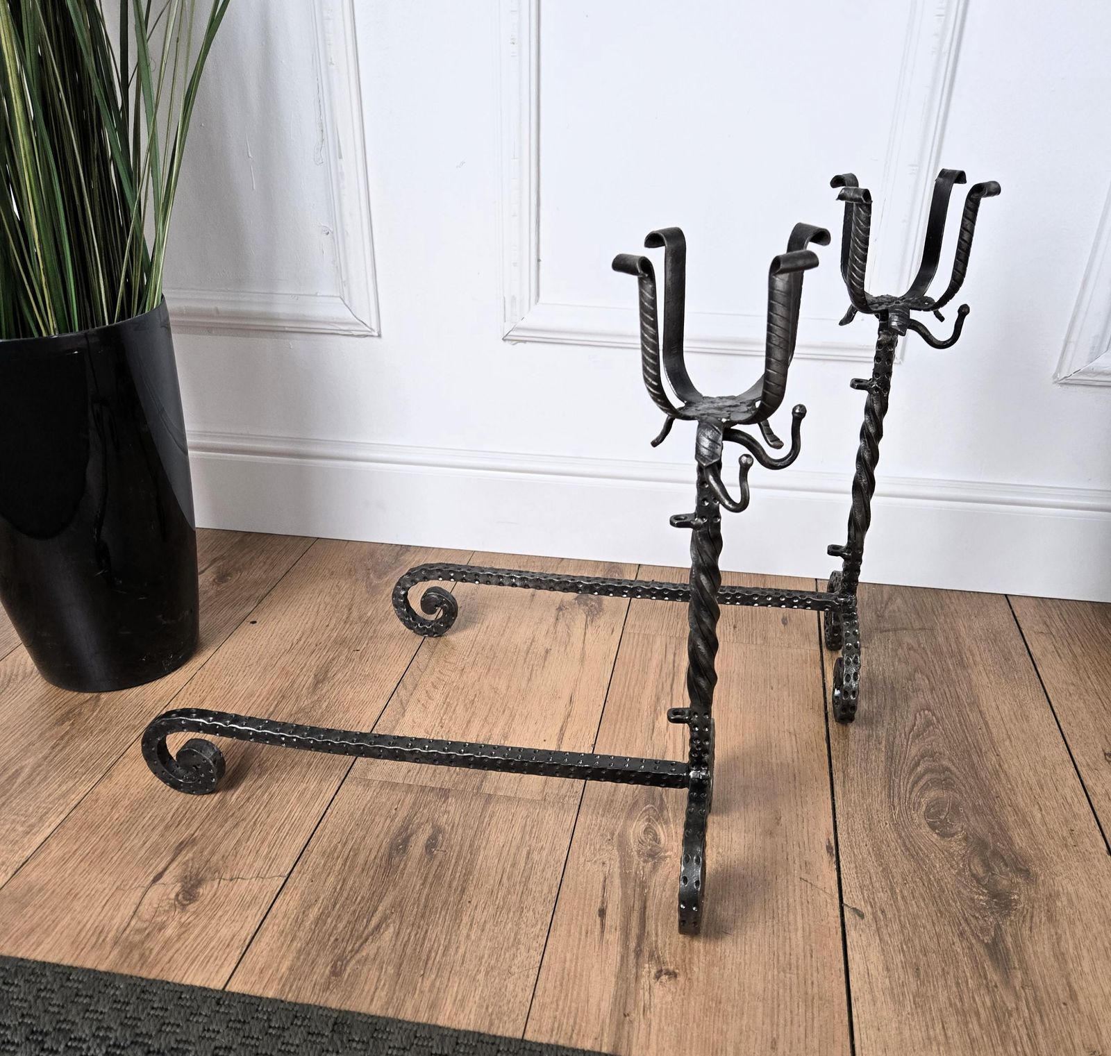 Pair Of Antique Italian Wrought Iron Andirons Fireplace Log Holder photo 867.0