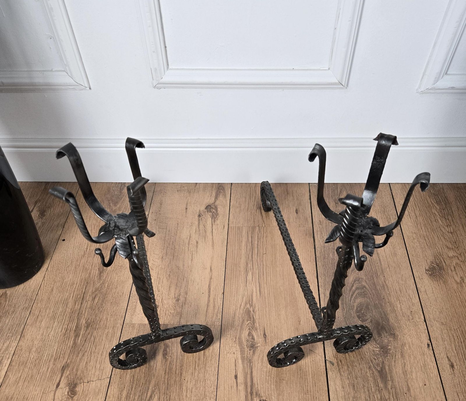 Pair Of Antique Italian Wrought Iron Andirons Fireplace Log Holder photo buy