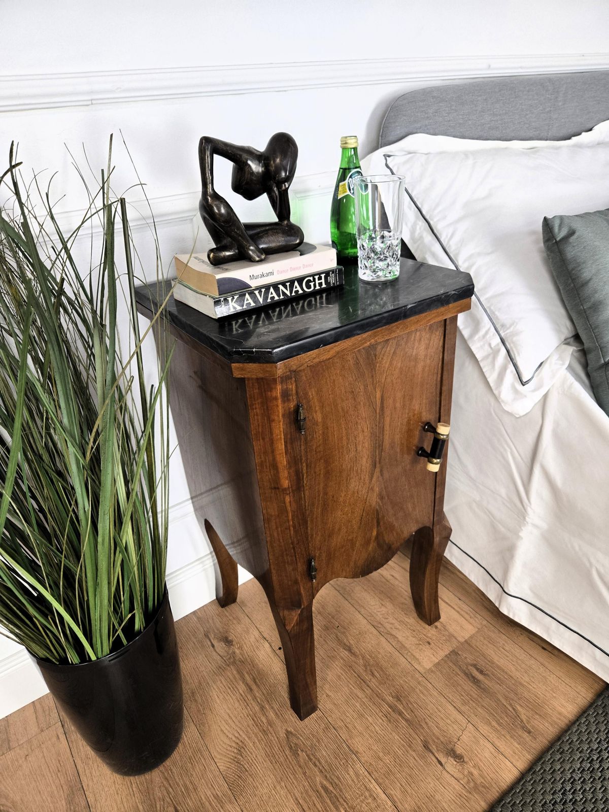 Pair Of Italian Art Deco Night Stands Bed Tables In Burl Walnut Black Marble Top photo Furniture