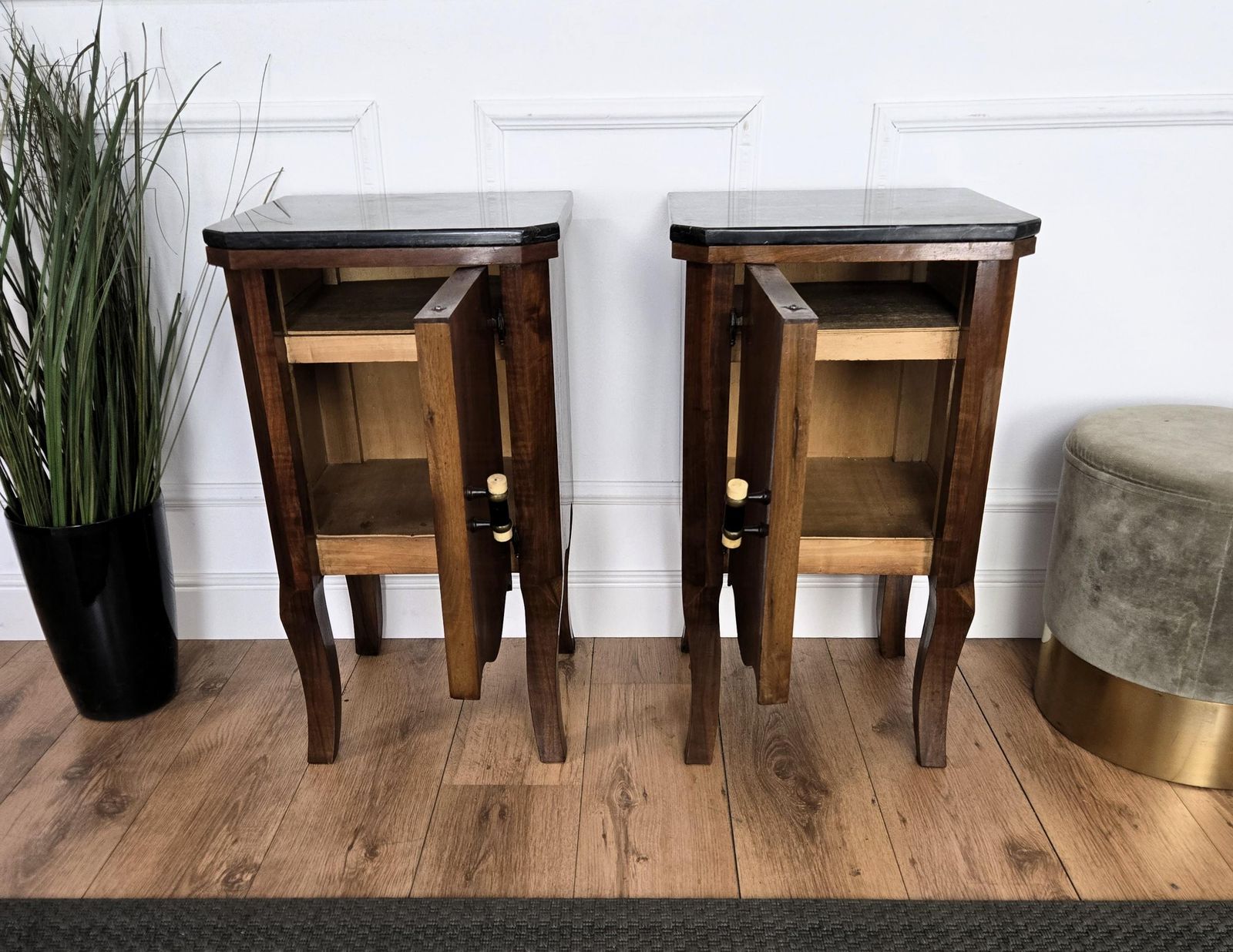 Pair Of Italian Art Deco Night Stands Bed Tables In Burl Walnut Black Marble Top photo vinterior