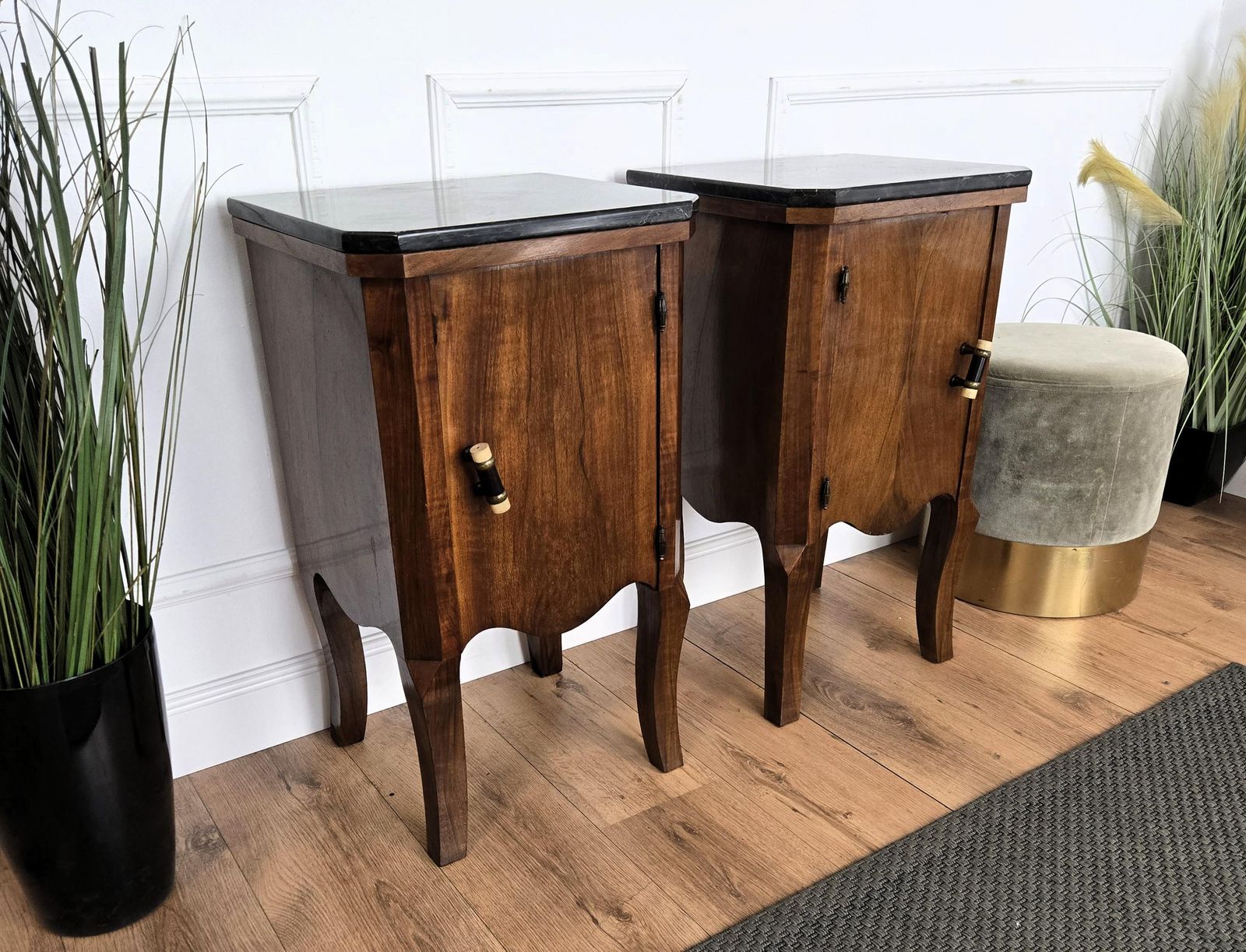 Pair Of Italian Art Deco Night Stands Bed Tables In Burl Walnut Black Marble Top photo vintage
