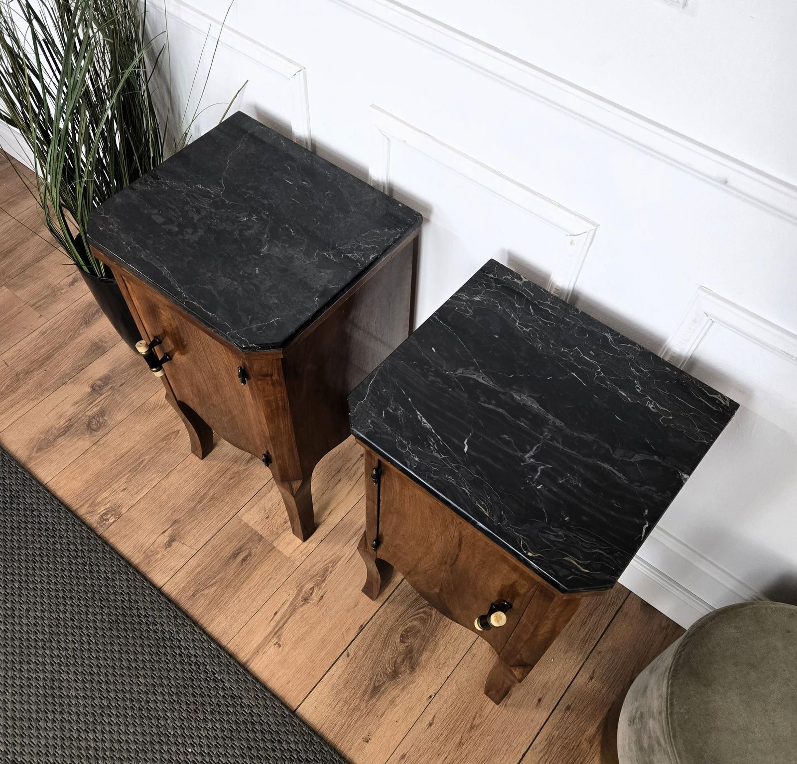 photo furniture Pair Of Italian Art Deco Night Stands Bed Tables In Burl Walnut Black Marble Top