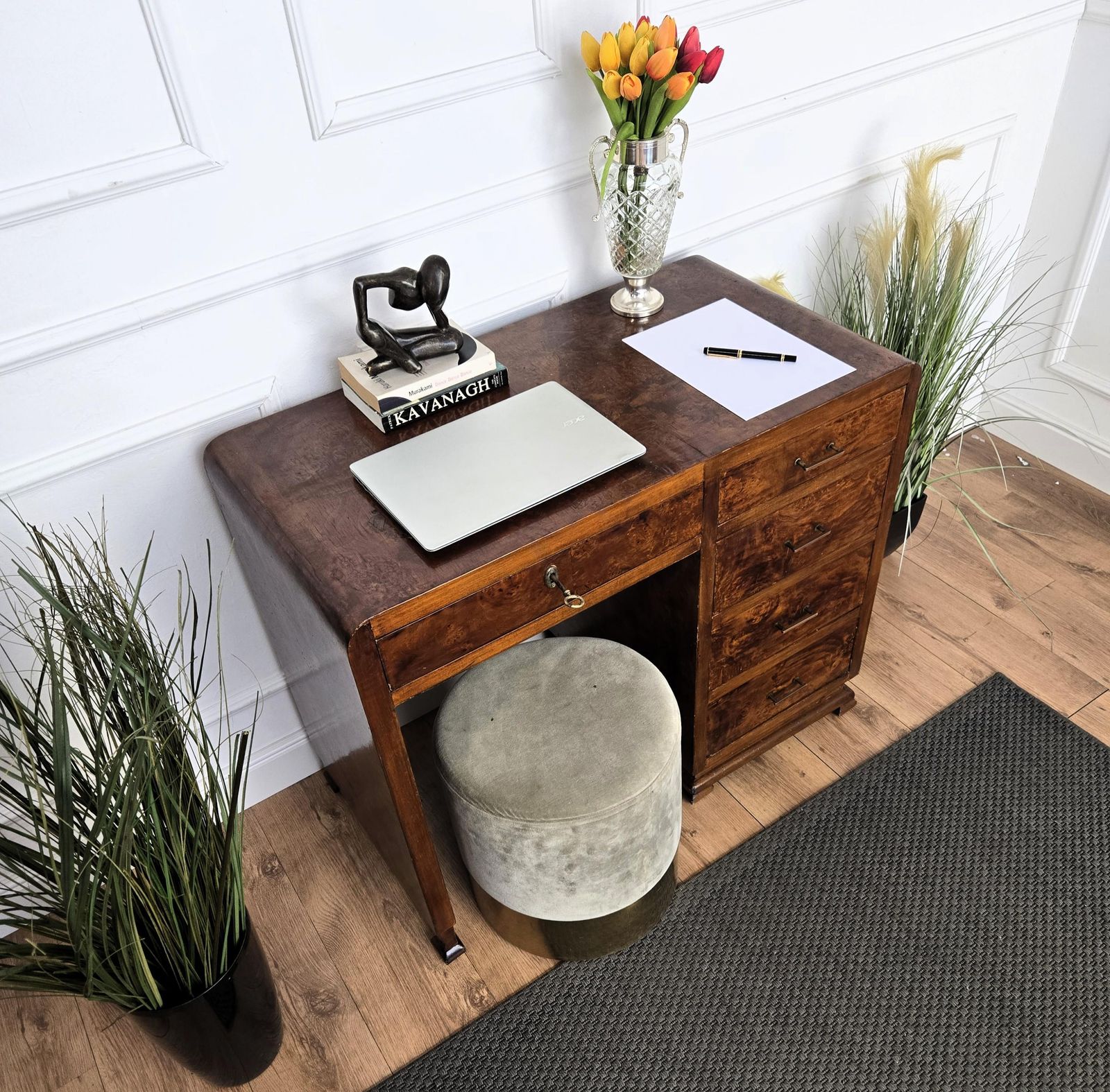 1940s Art Deco Midcentury Italian Walnut Burl Waterfall Writing Desk Table photo 2214.0