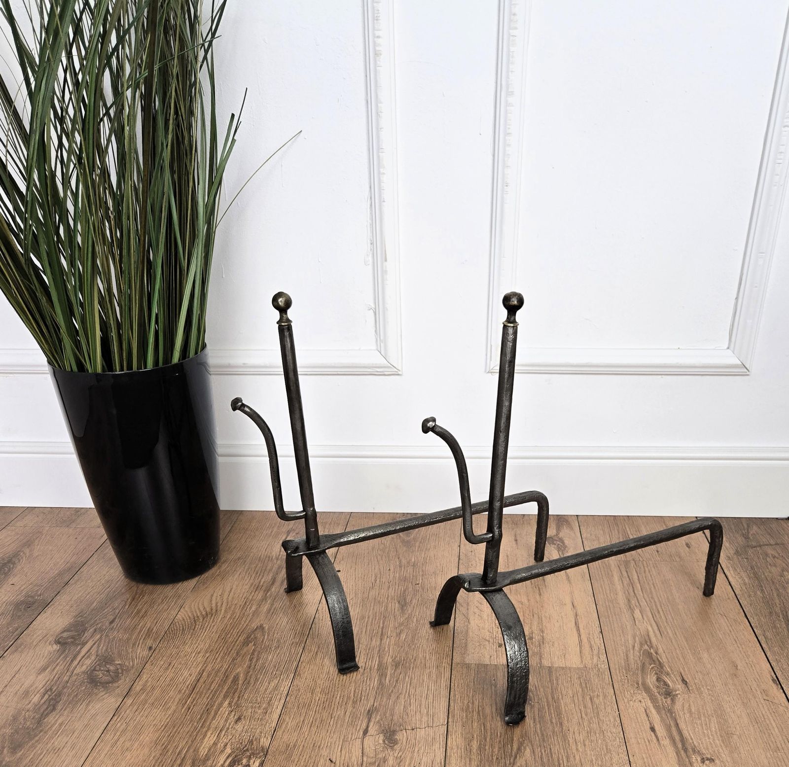 Pair Of Antique Italian Wrought Iron Andirons Fireplace Log Holder photo vinterior