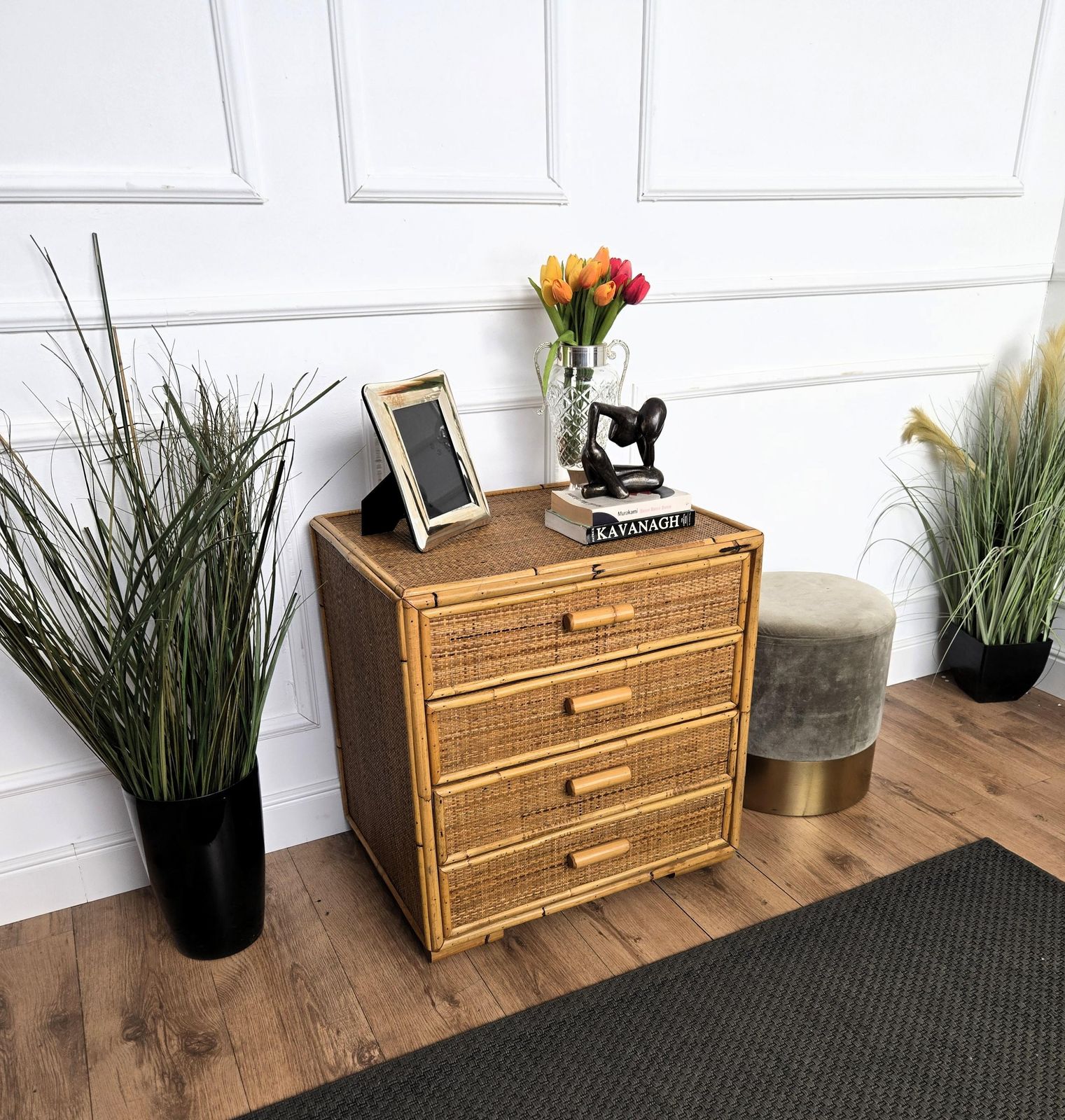 1960s Italian Bamboo & Rattan Bohemian French Riviera Commode Four Drawers Chest photo furniture