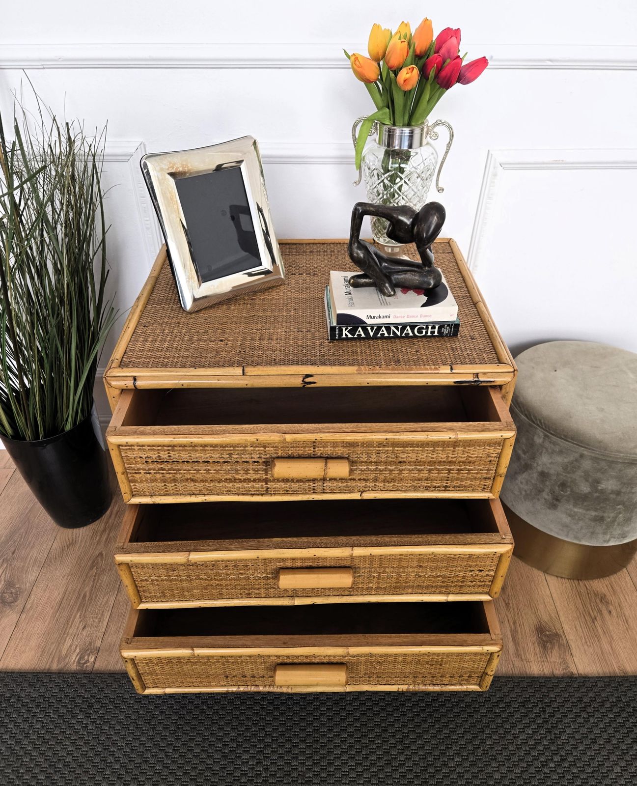 1960s Italian Bamboo & Rattan Bohemian French Riviera Commode Four Drawers Chest photo Furniture