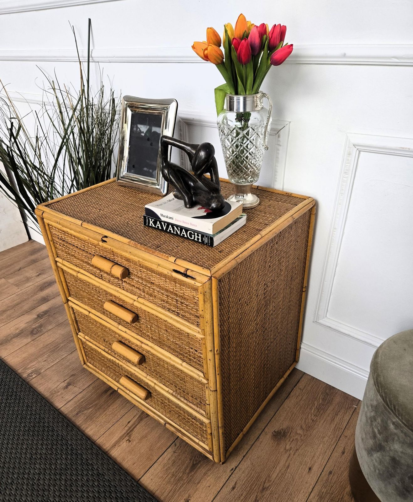 1960s Italian Bamboo & Rattan Bohemian French Riviera Commode Four Drawers Chest photo vinterior