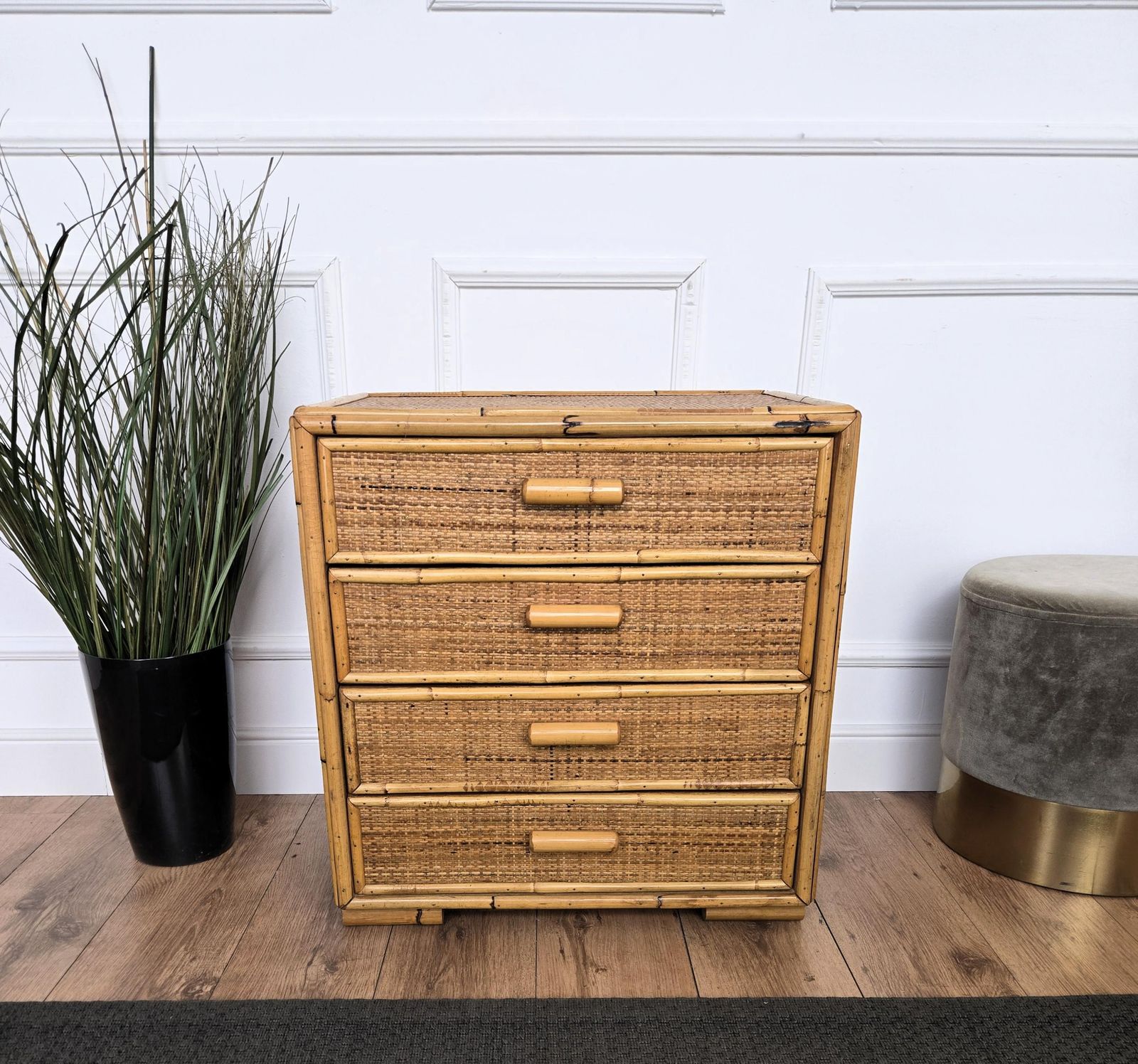 1960s Italian Bamboo & Rattan Bohemian French Riviera Commode Four Drawers Chest photo buy