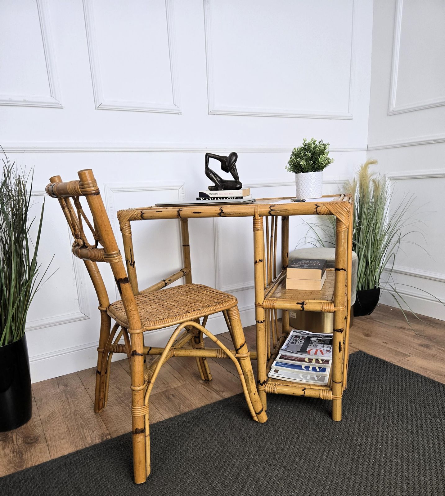 Mid Century Bamboo, Wood And Rattan Writing Table Desk With Chair, Italy 1970s photo for sale