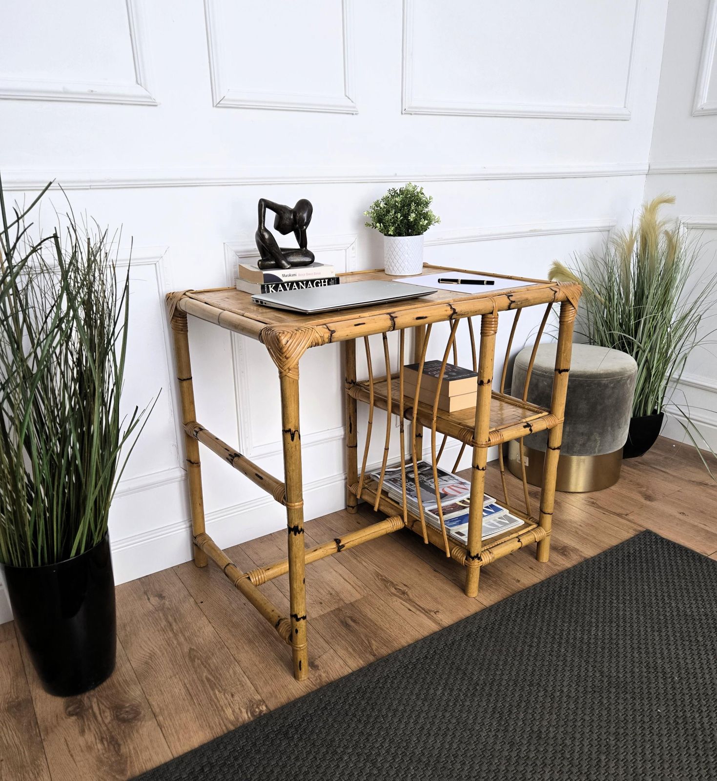 Mid Century Bamboo, Wood And Rattan Writing Table Desk With Chair, Italy 1970s photo buy