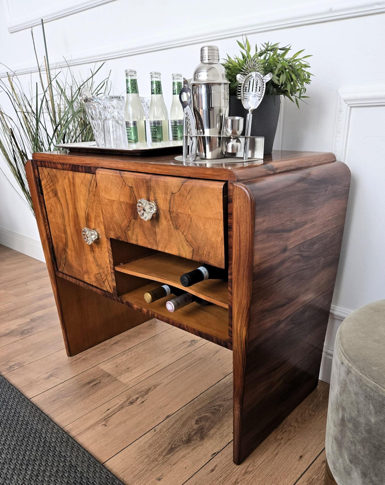Italian 1940s Art Deco Midcentury Walnut Waterfall Dry Bar Cocktail Cabinet photo vintage
