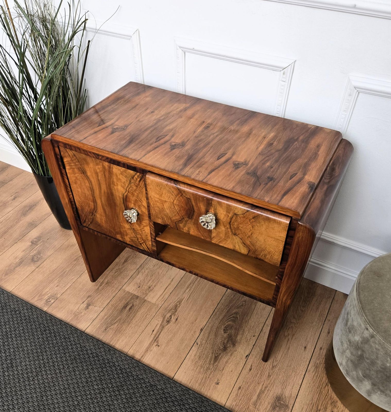photo for sale Italian 1940s Art Deco Midcentury Walnut Waterfall Dry Bar Cocktail Cabinet