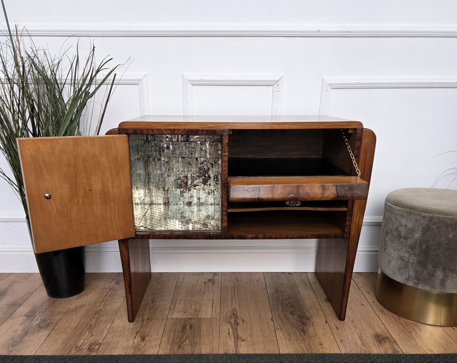Furniture Italian 1940s Art Deco Midcentury Walnut Waterfall Dry Bar Cocktail Cabinet photo