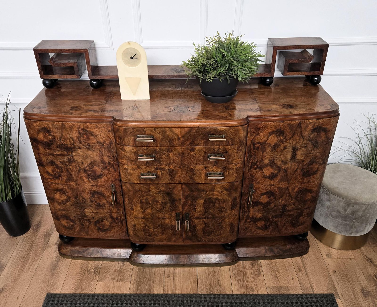 1940s Art Deco Mid Century Italian Walnut Burl Brass Sideboard Buffet Credenza photo furniture