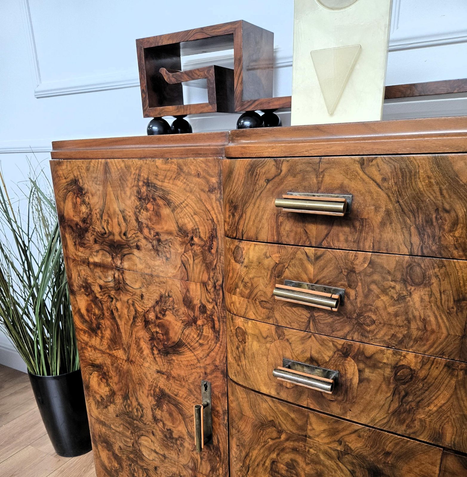 1940s Art Deco Mid Century Italian Walnut Burl Brass Sideboard Buffet Credenza photo Furniture