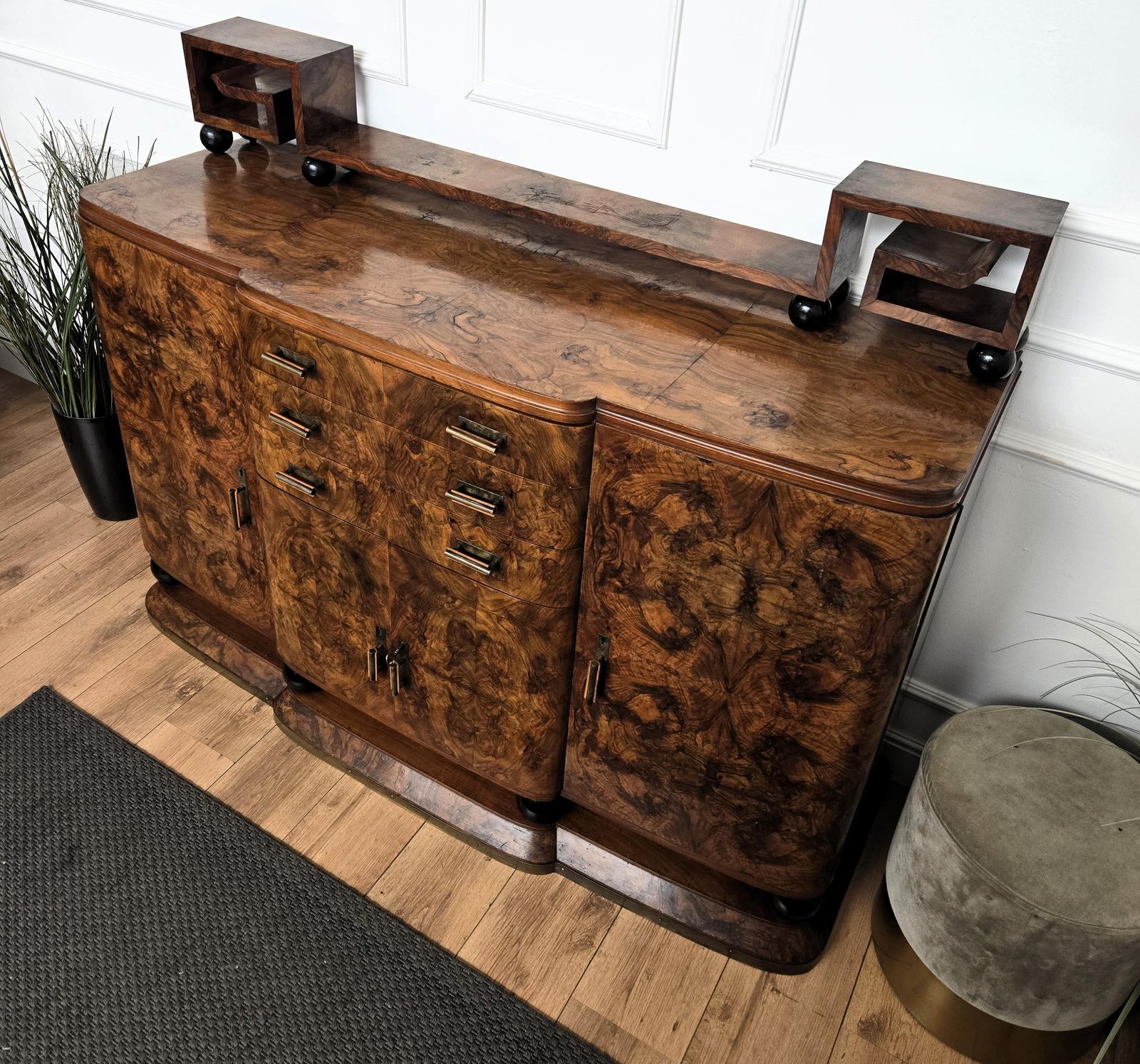 photo for sale 1940s Art Deco Mid Century Italian Walnut Burl Brass Sideboard Buffet Credenza