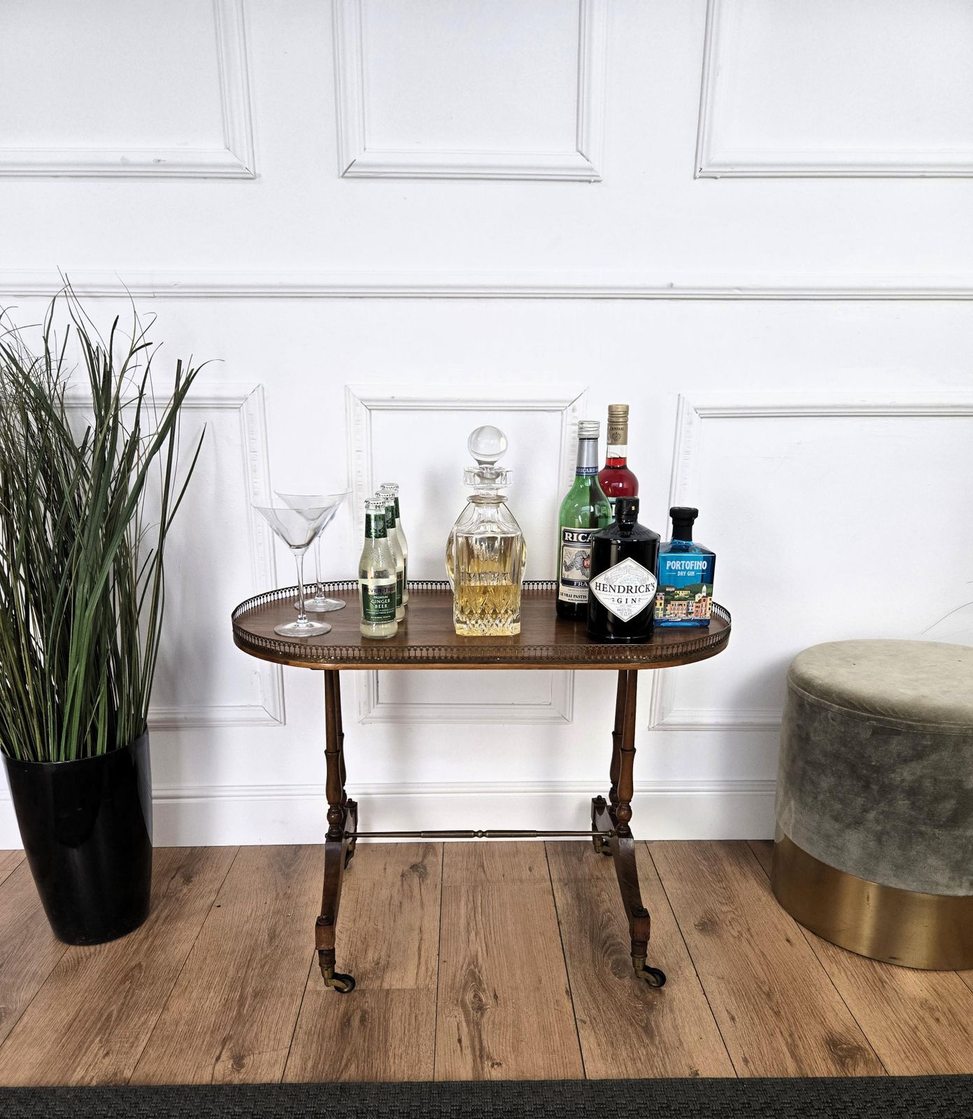 Mid Century Modern Italian Brass Wood Bar Cocktail Side Table Cart photo furniture